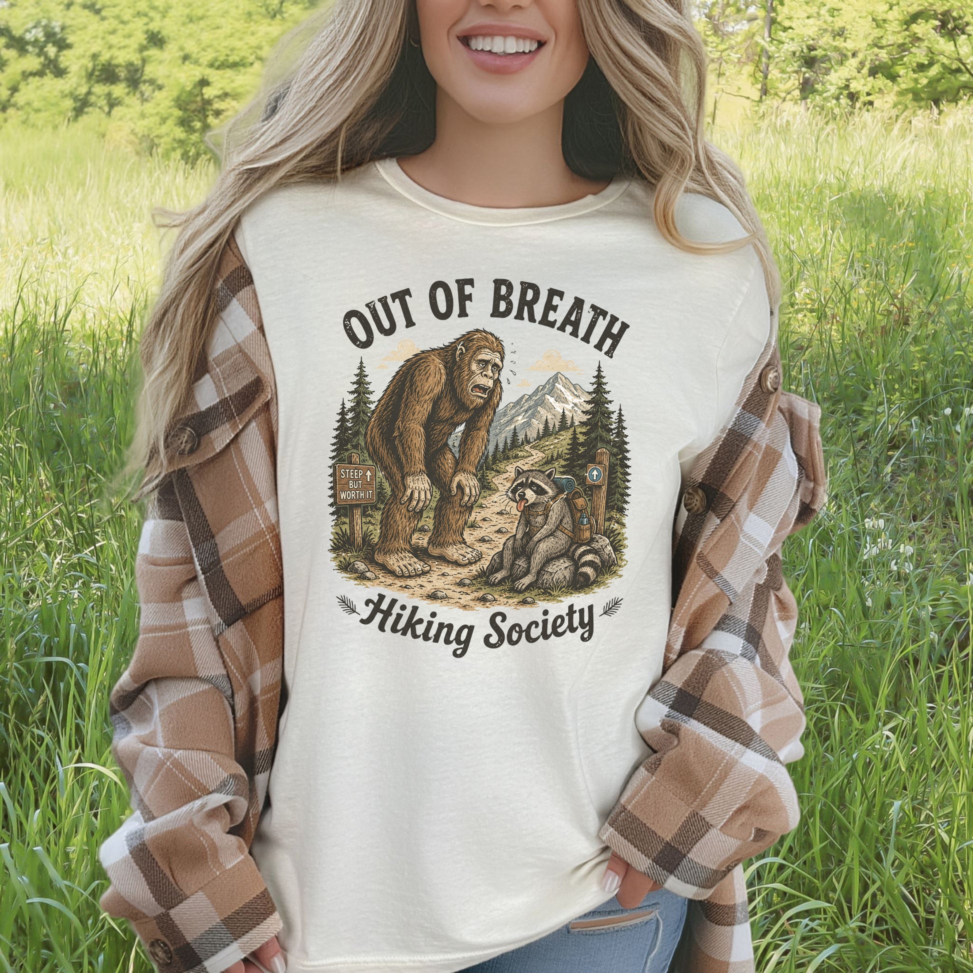 Out of Breath Trail Club Bigfoot Raccoon Funny Hiking T-Shirt