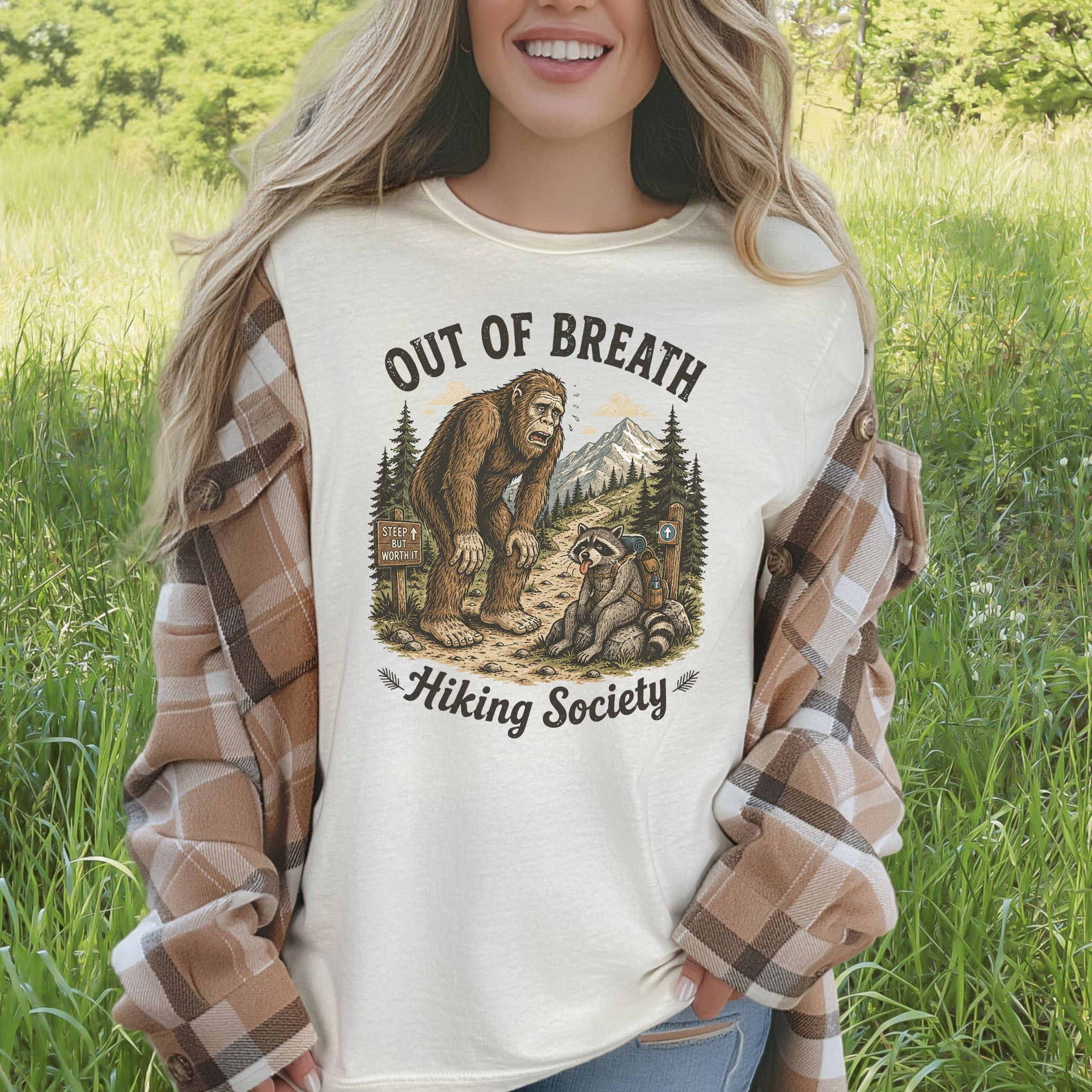 Out of Breath Trail Club Bigfoot Raccoon Funny Hiking T-Shirt
