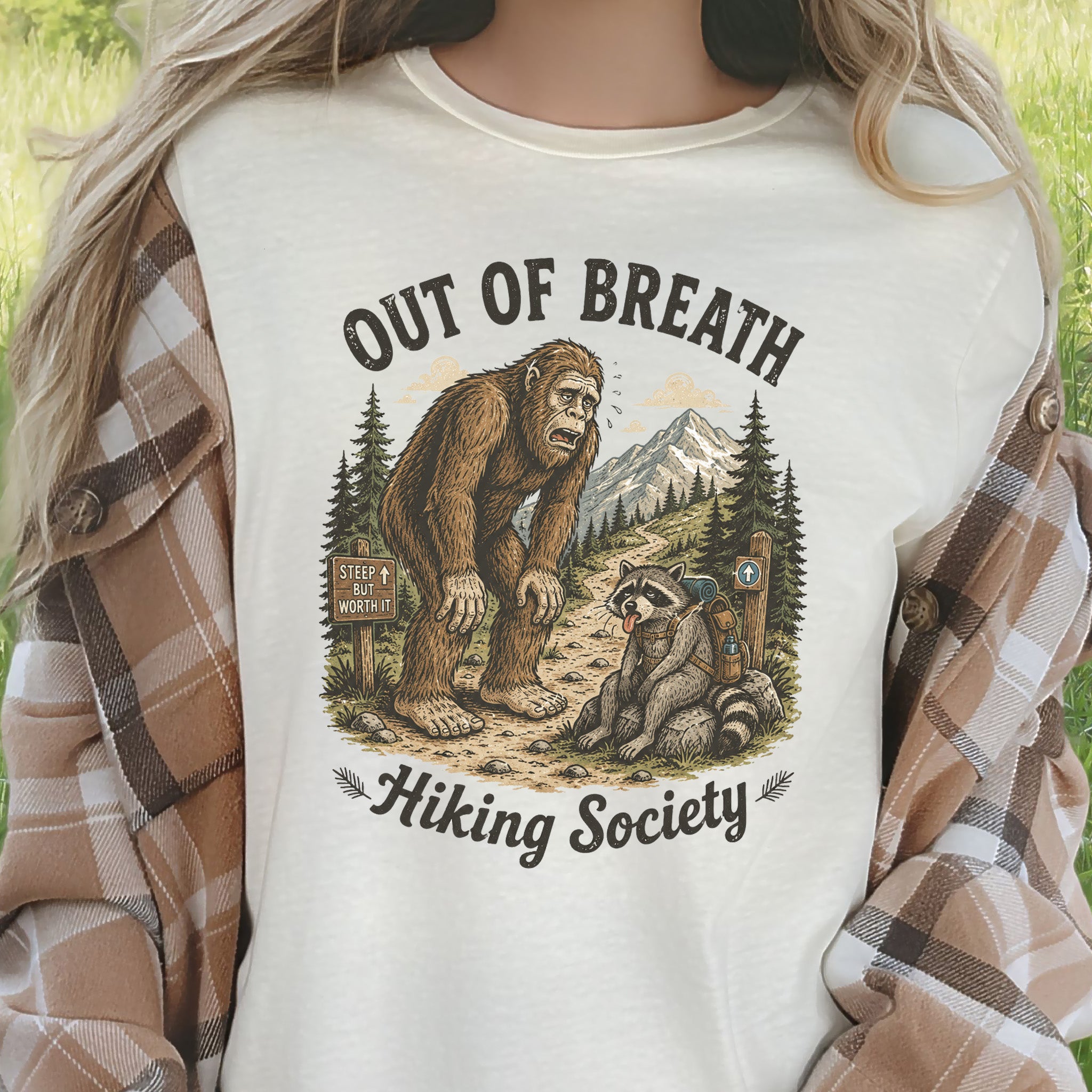 Out of Breath Trail Club Bigfoot Raccoon Funny Hiking T-Shirt