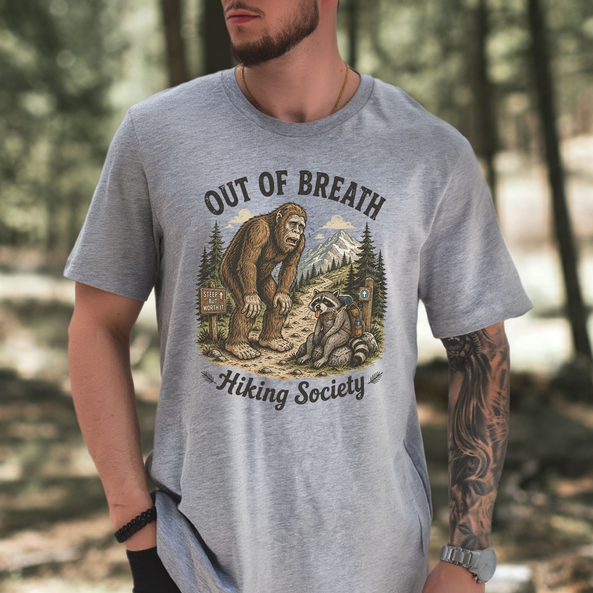 Out of Breath Trail Club Bigfoot Raccoon Funny Hiking T-Shirt