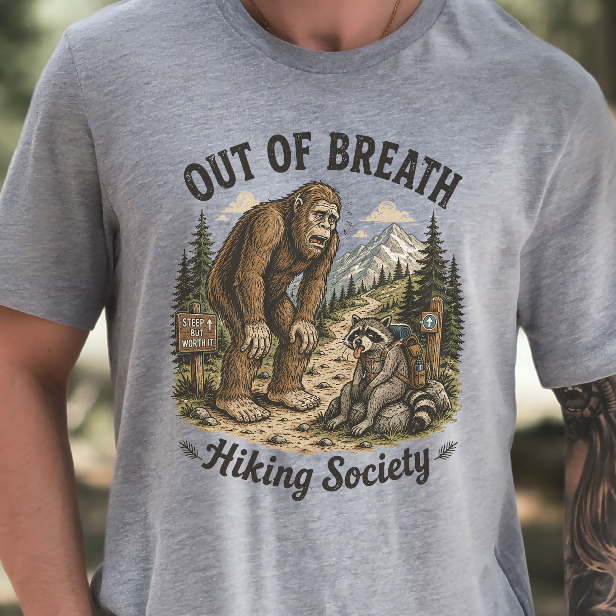 Out of Breath Trail Club Bigfoot Raccoon Funny Hiking T-Shirt