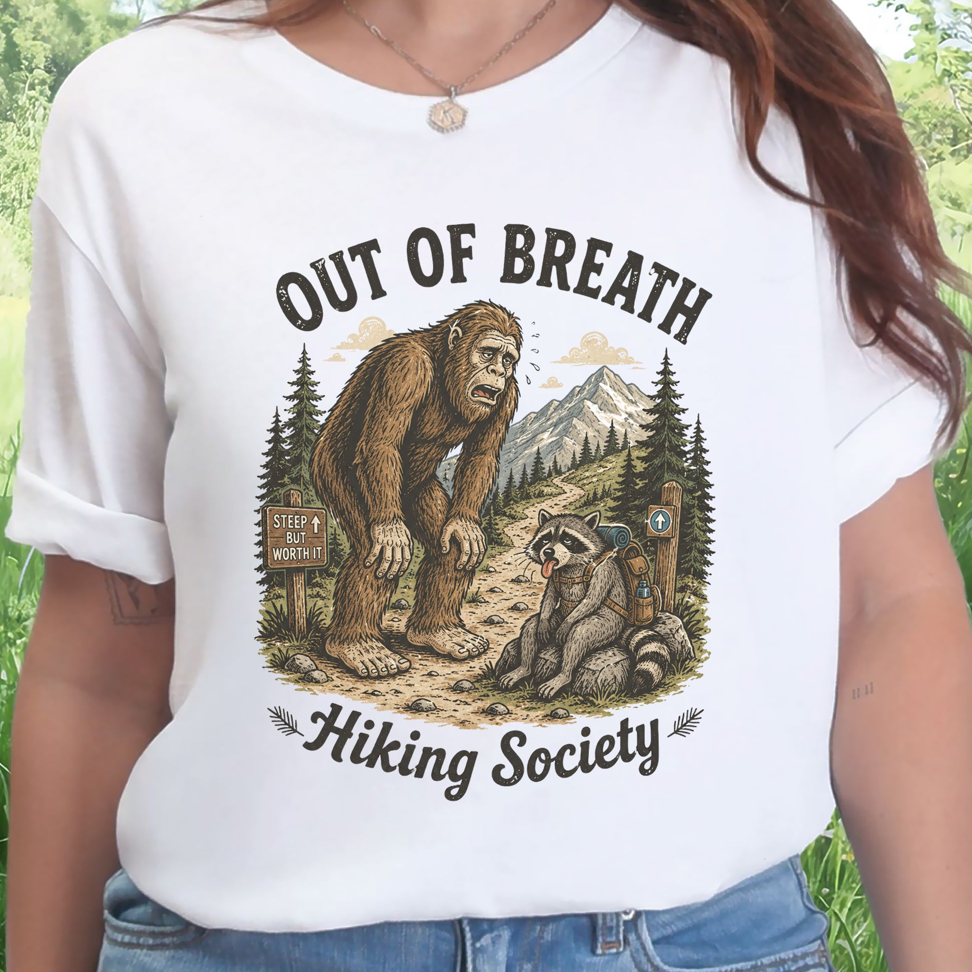 Out of Breath Trail Club Bigfoot Raccoon Funny Hiking T-Shirt