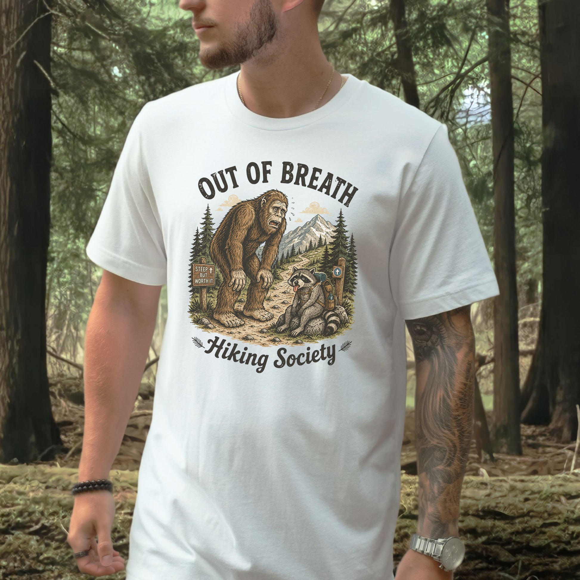Out of Breath Trail Club Bigfoot Raccoon Funny Hiking T-Shirt