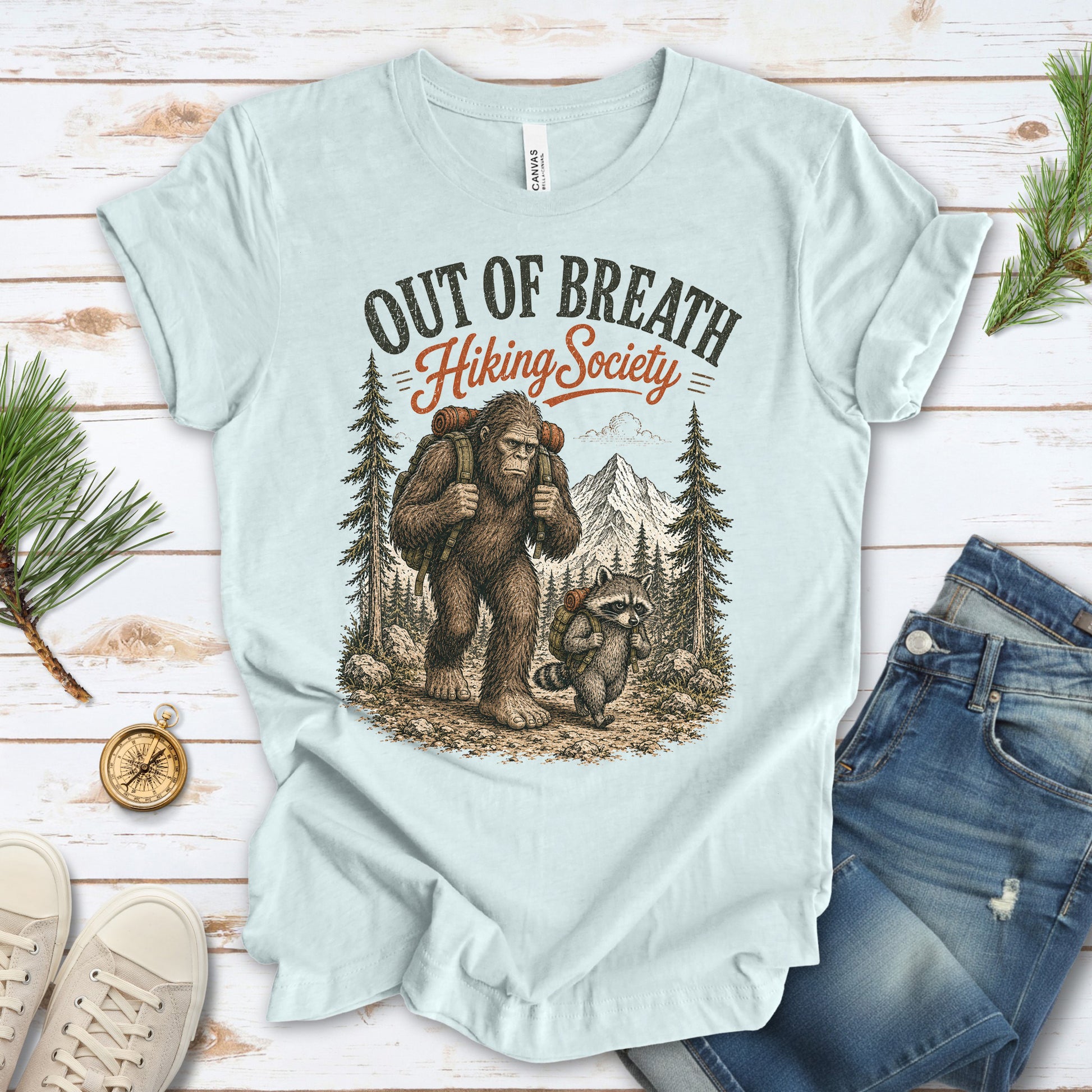 Breathless Trail Club Bigfoot Raccoon Funny Hiking Humor T-Shirt