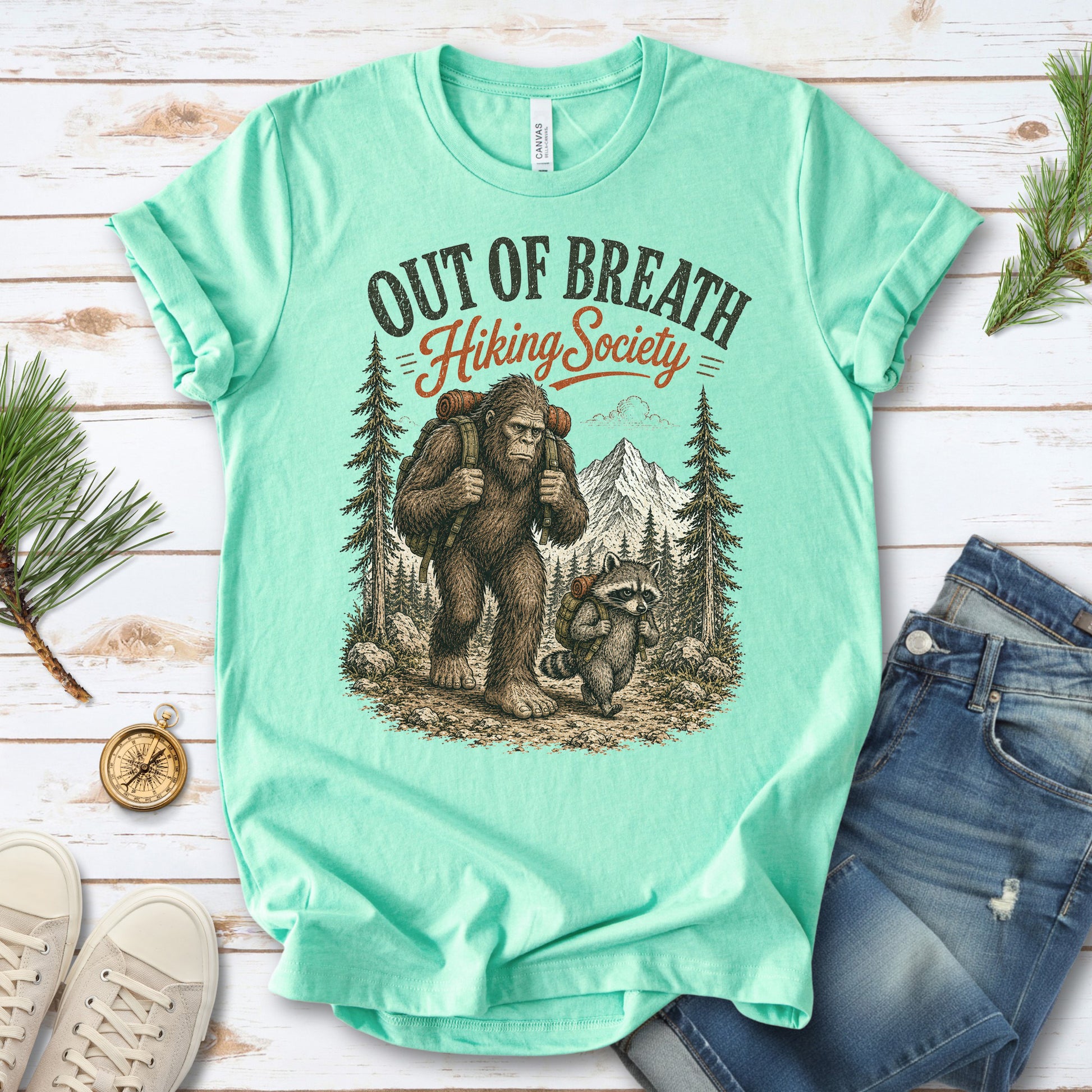 Breathless Trail Club Bigfoot Raccoon Funny Hiking Humor T-Shirt