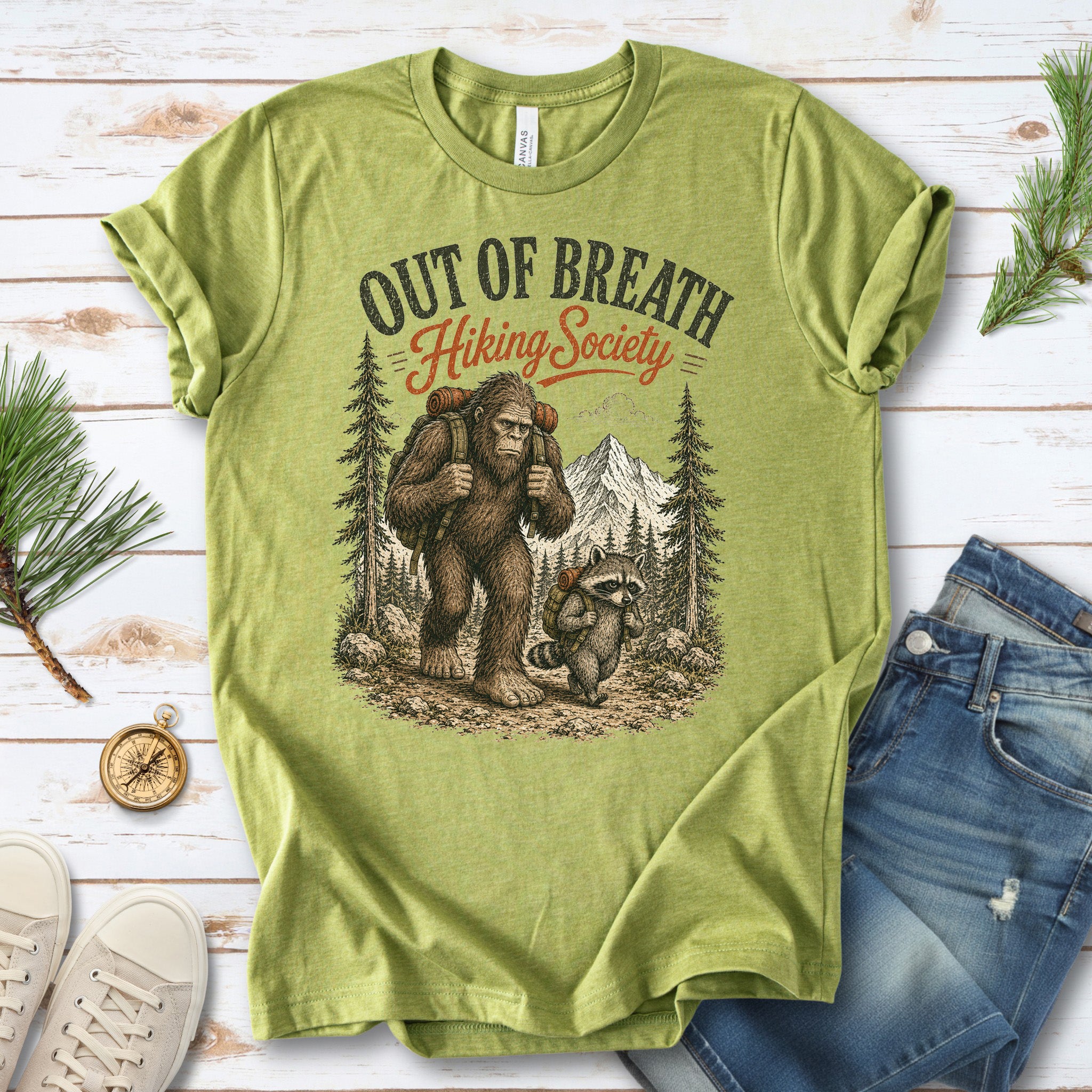 Breathless Trail Club Bigfoot Raccoon Funny Hiking Humor T-Shirt