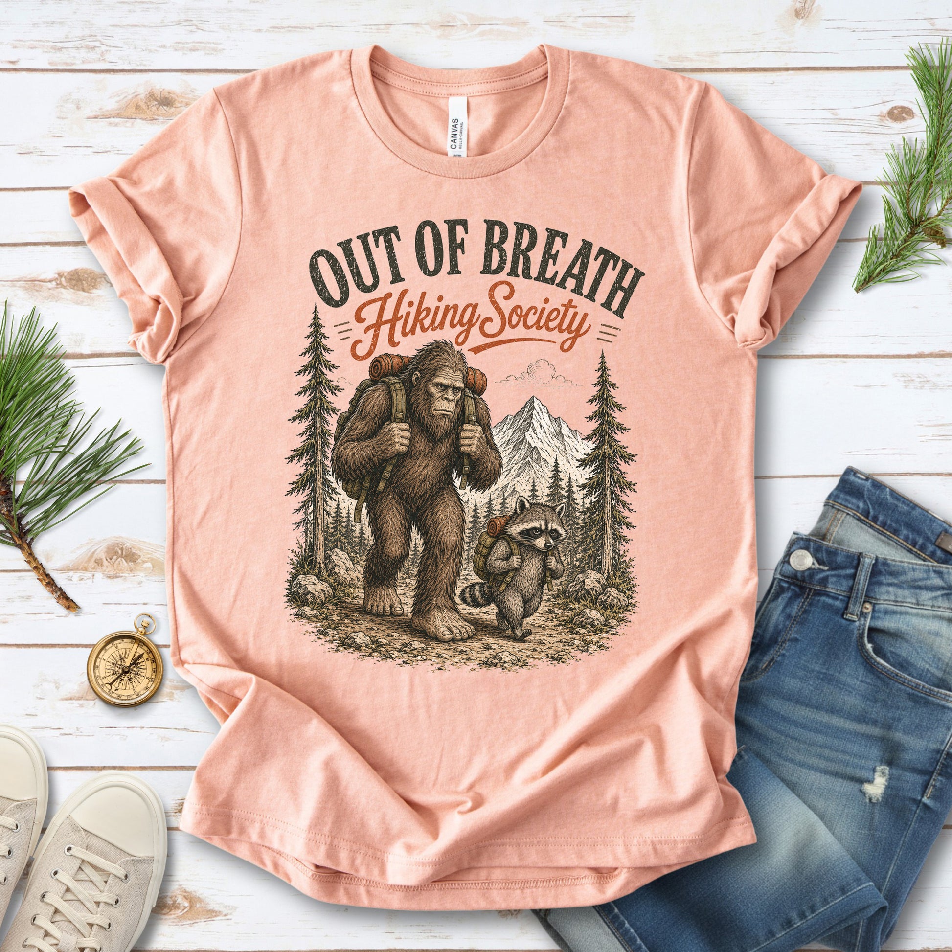 Breathless Trail Club Bigfoot Raccoon Funny Hiking Humor T-Shirt