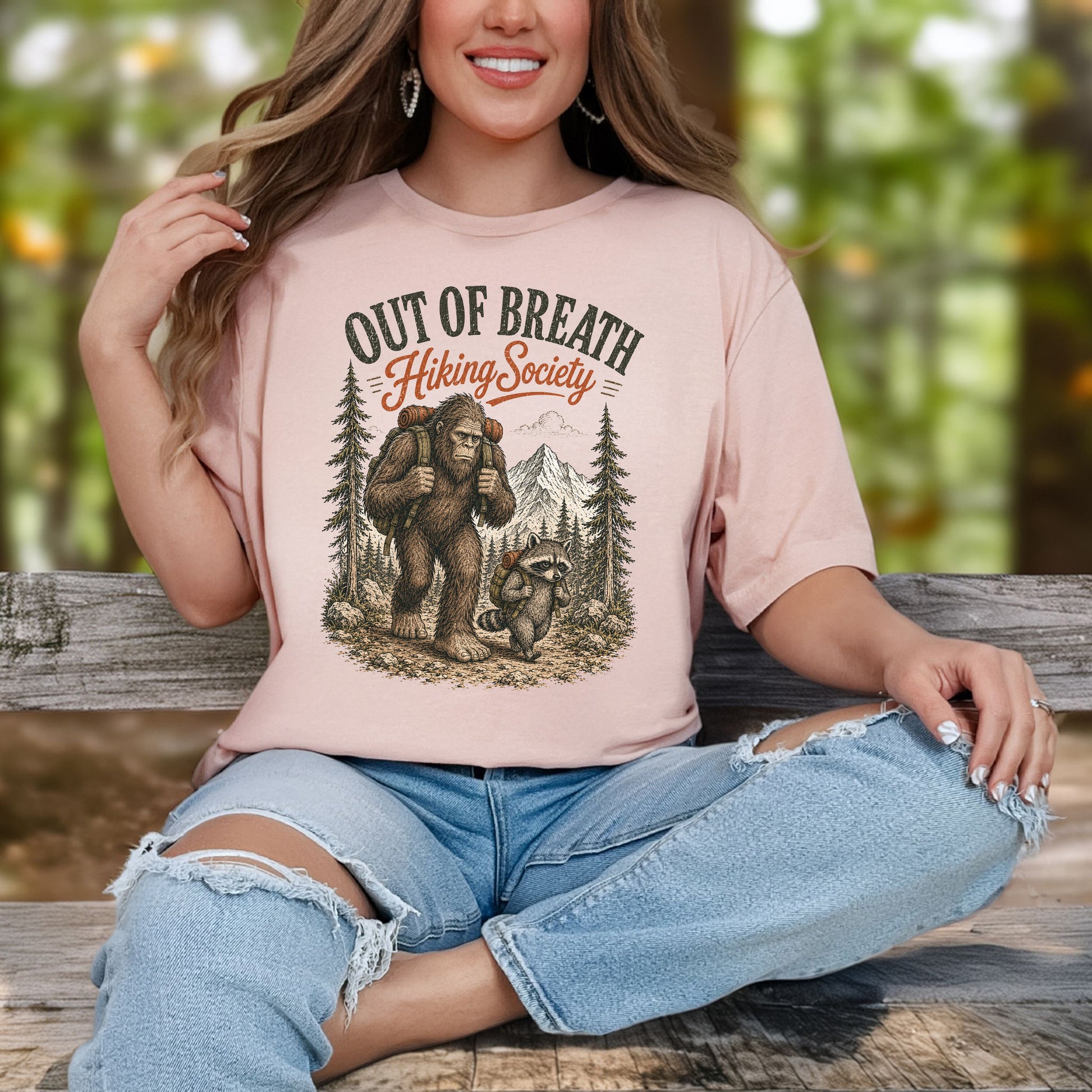 Breathless Trail Club Bigfoot Raccoon Funny Hiking Humor T-Shirt