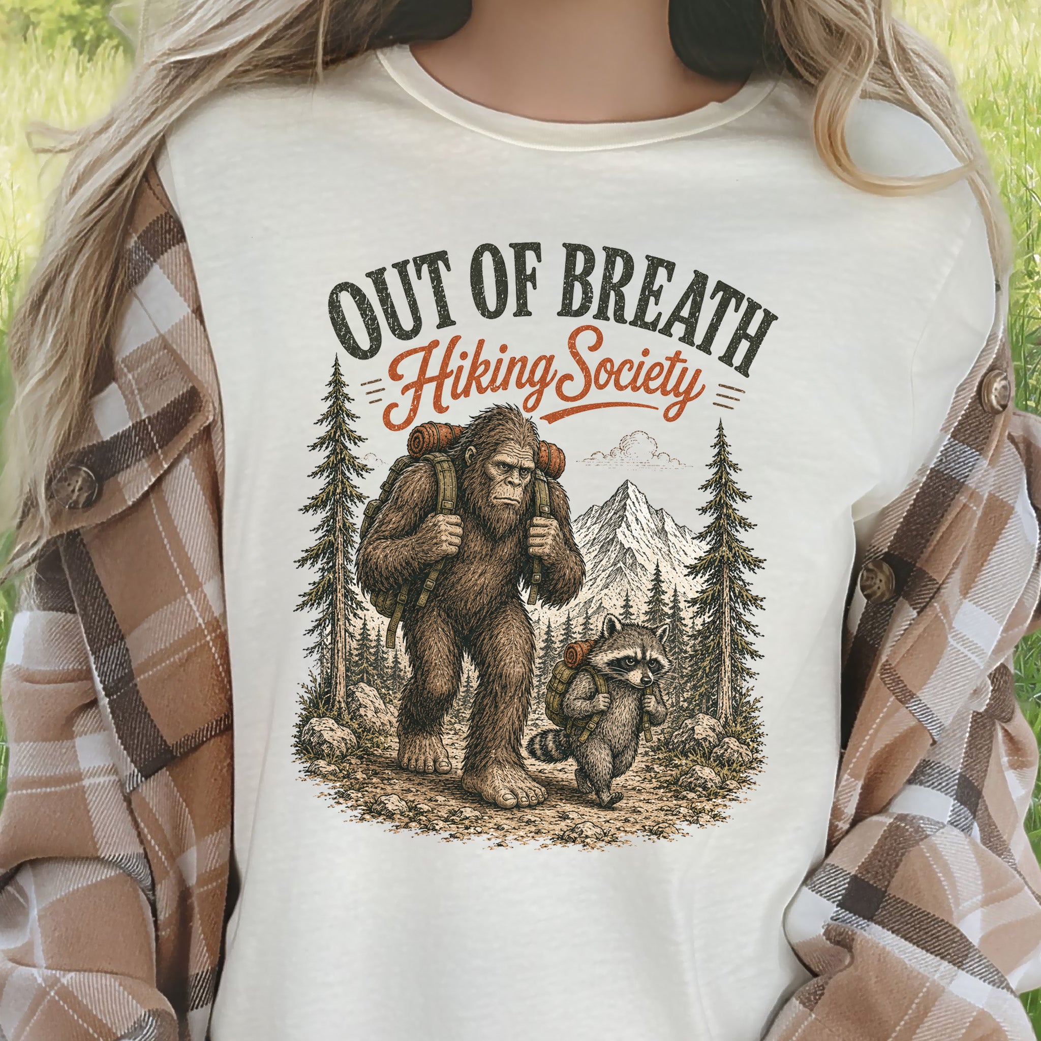Breathless Trail Club Bigfoot Raccoon Funny Hiking Humor T-Shirt
