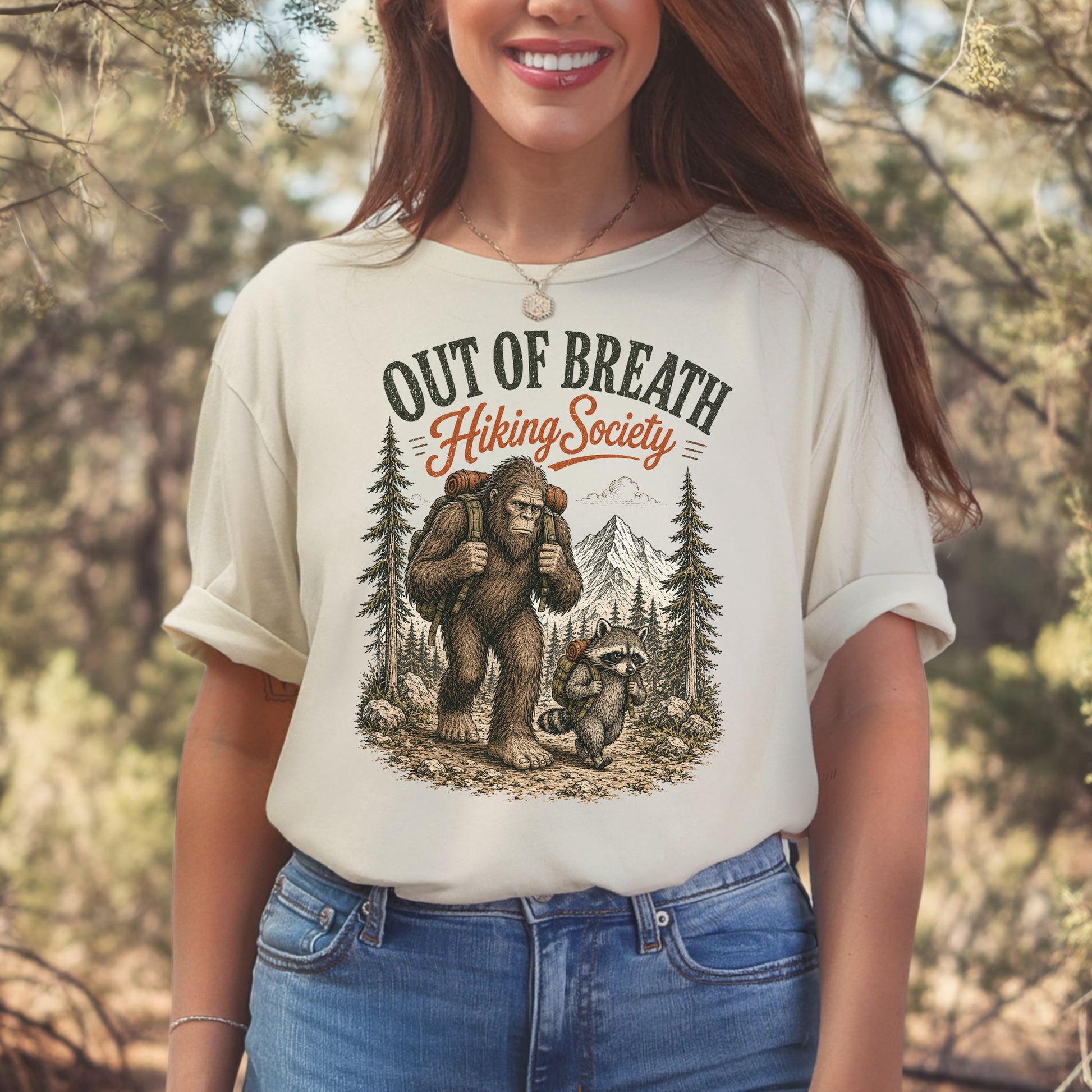 Breathless Trail Club Bigfoot Raccoon Funny Hiking Humor T-Shirt