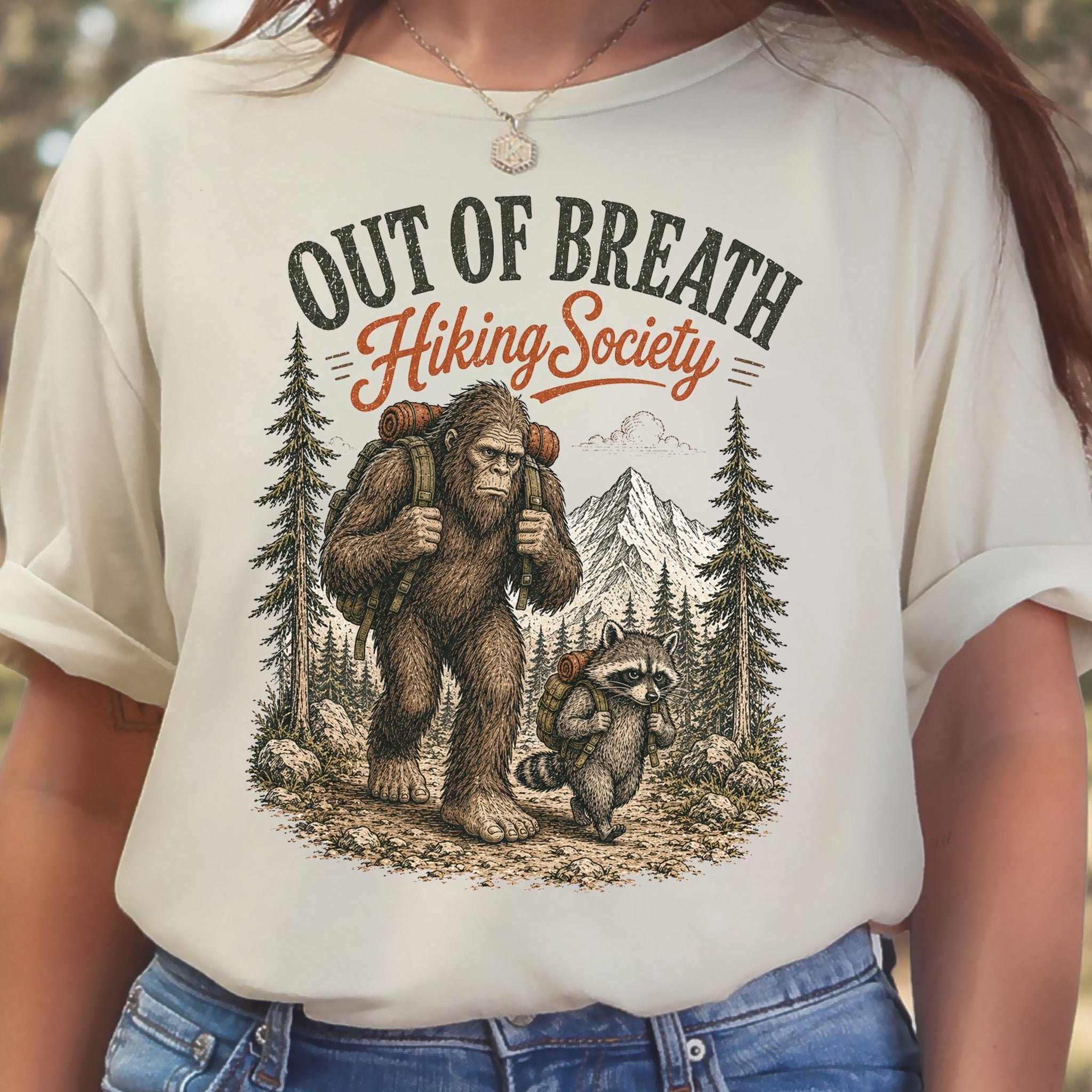 Breathless Trail Club Bigfoot Raccoon Funny Hiking Humor T-Shirt