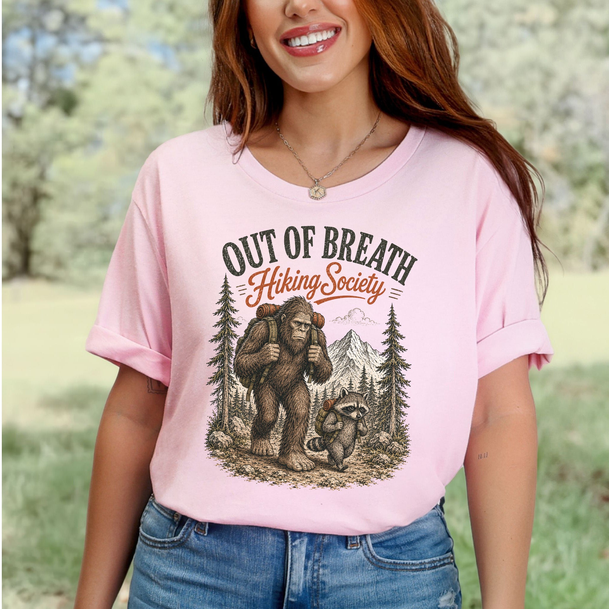 Breathless Trail Club Bigfoot Raccoon Funny Hiking Humor T-Shirt