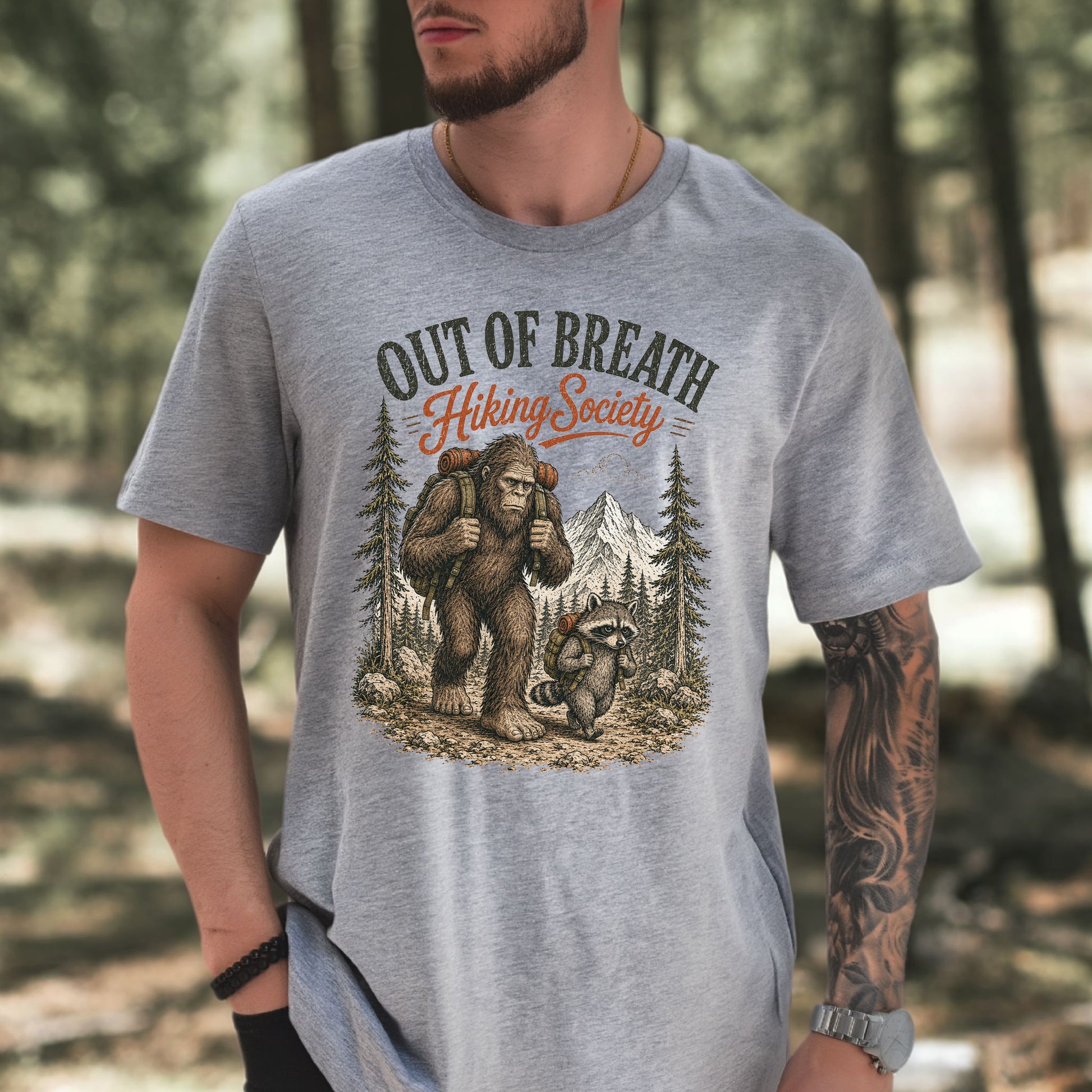 Breathless Trail Club Bigfoot Raccoon Funny Hiking Humor T-Shirt