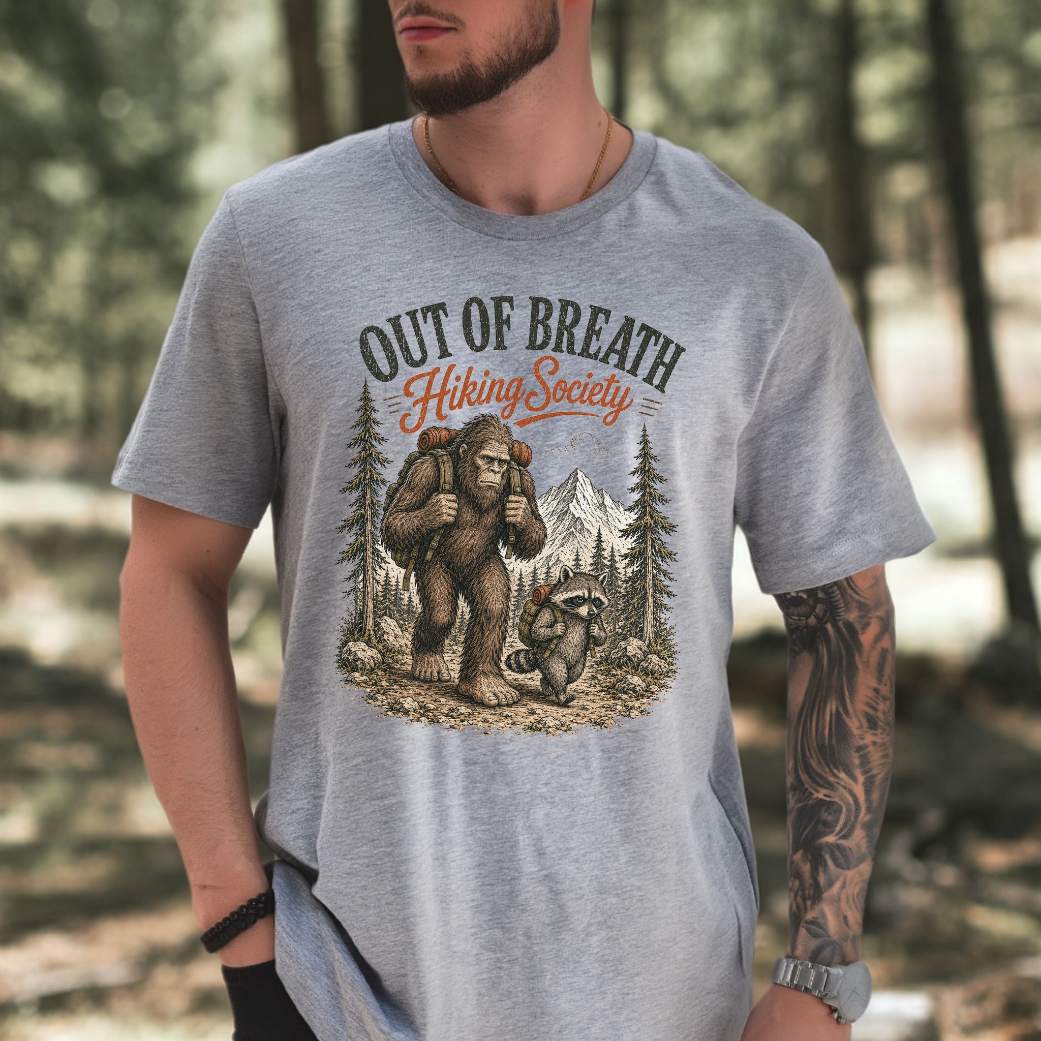 Breathless Trail Club Bigfoot Raccoon Funny Hiking Humor T-Shirt