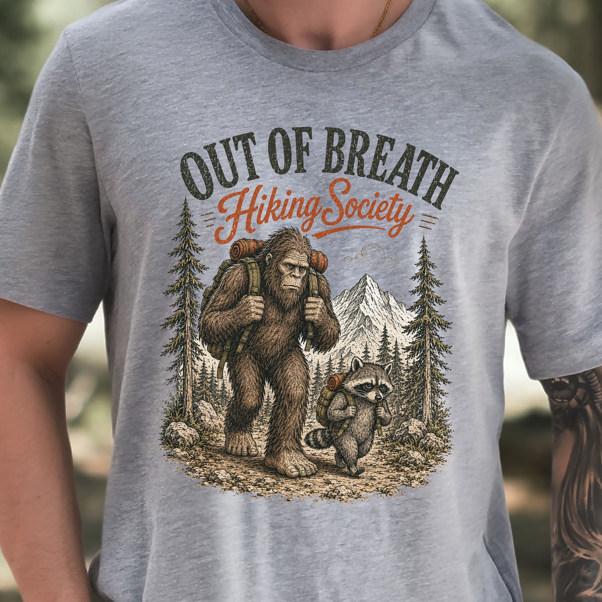 Breathless Trail Club Bigfoot Raccoon Funny Hiking Humor T-Shirt