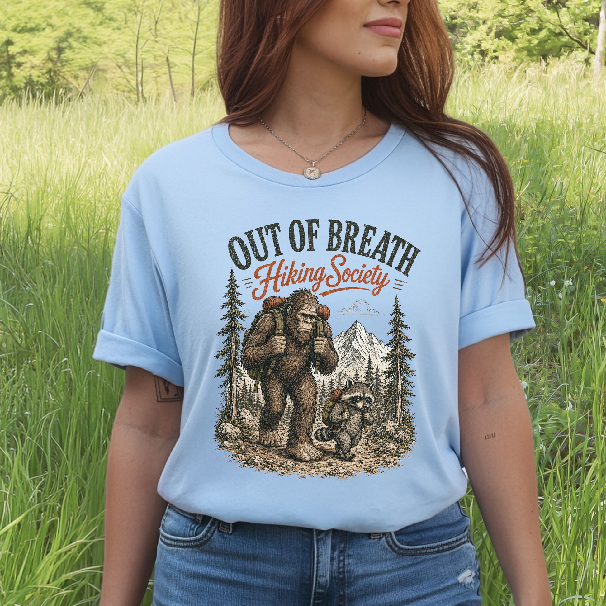 Breathless Trail Club Bigfoot Raccoon Funny Hiking Humor T-Shirt