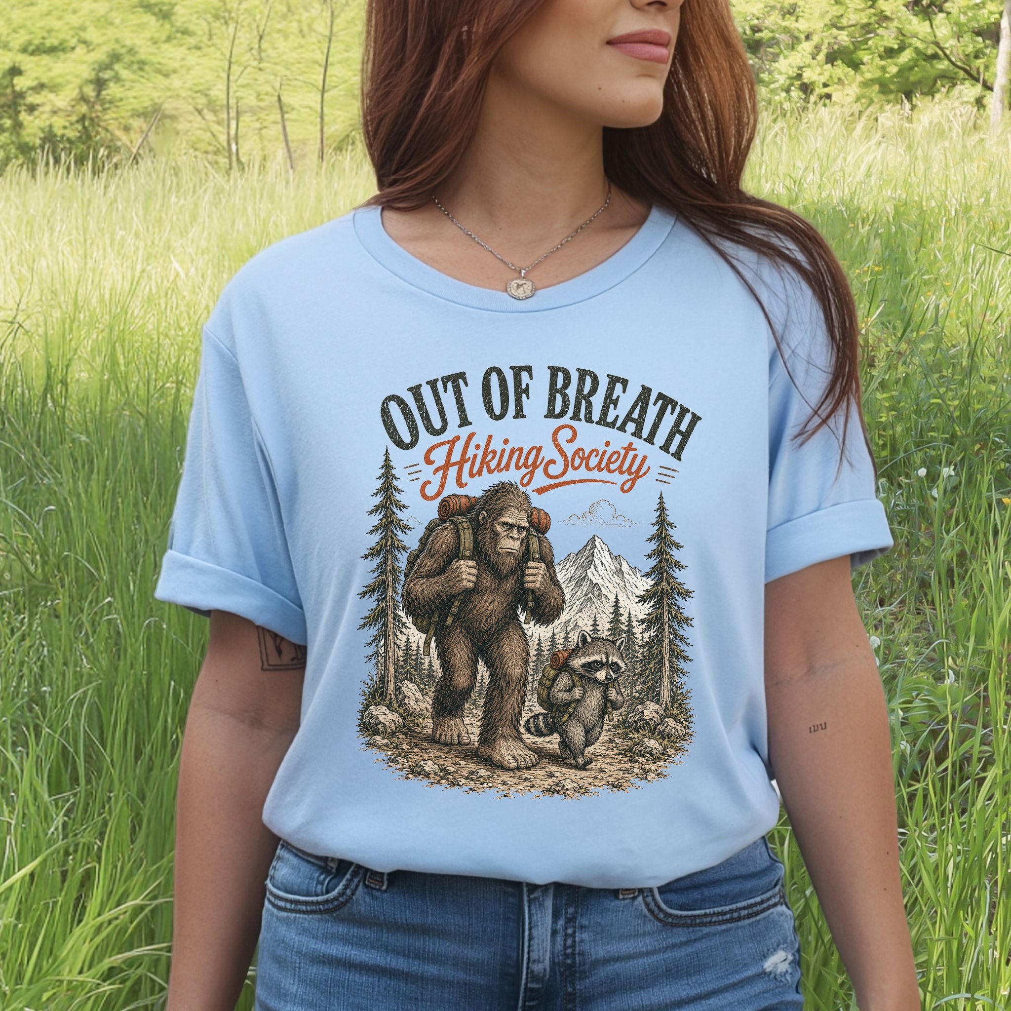 Breathless Trail Club Bigfoot Raccoon Funny Hiking Humor T-Shirt