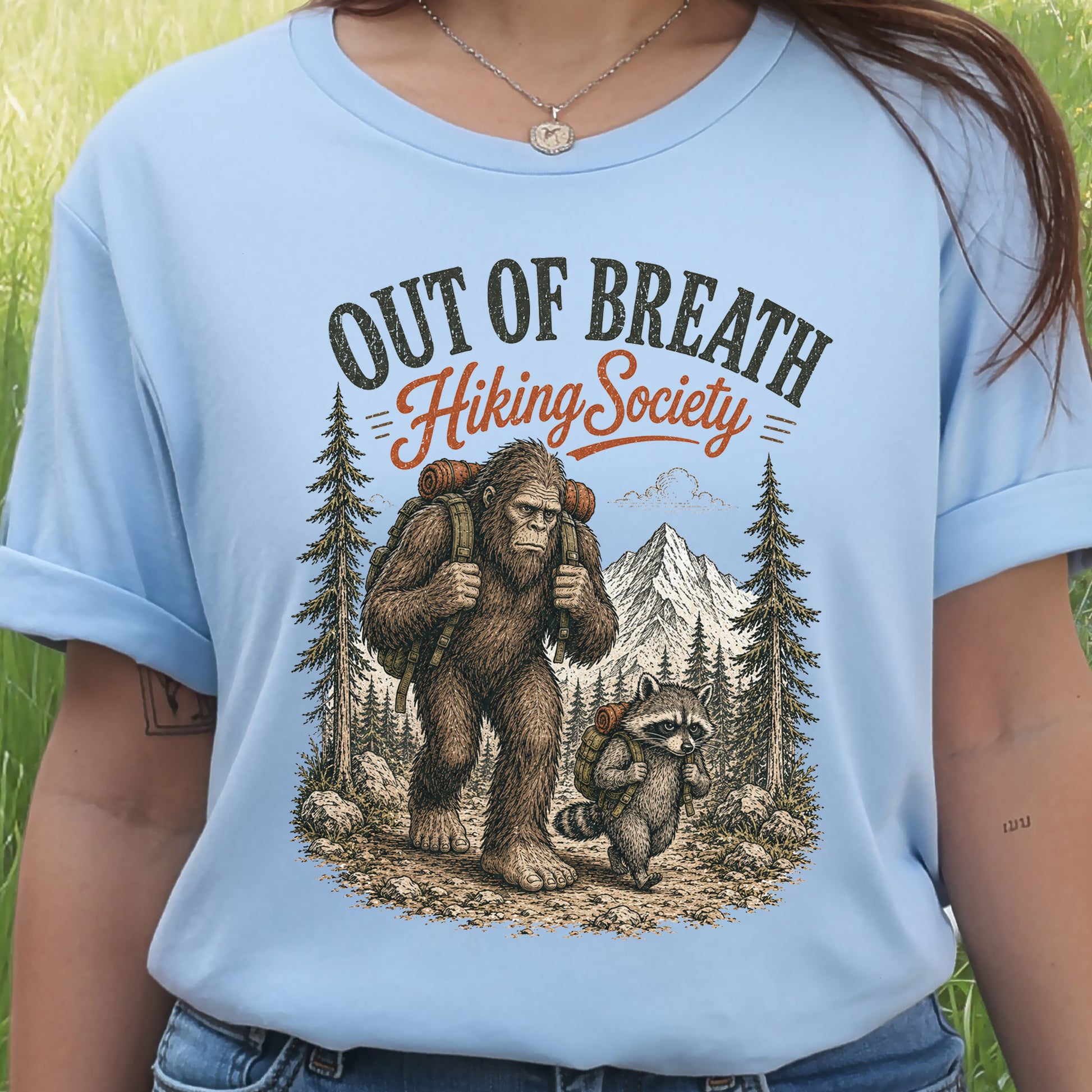 Breathless Trail Club Bigfoot Raccoon Funny Hiking Humor T-Shirt