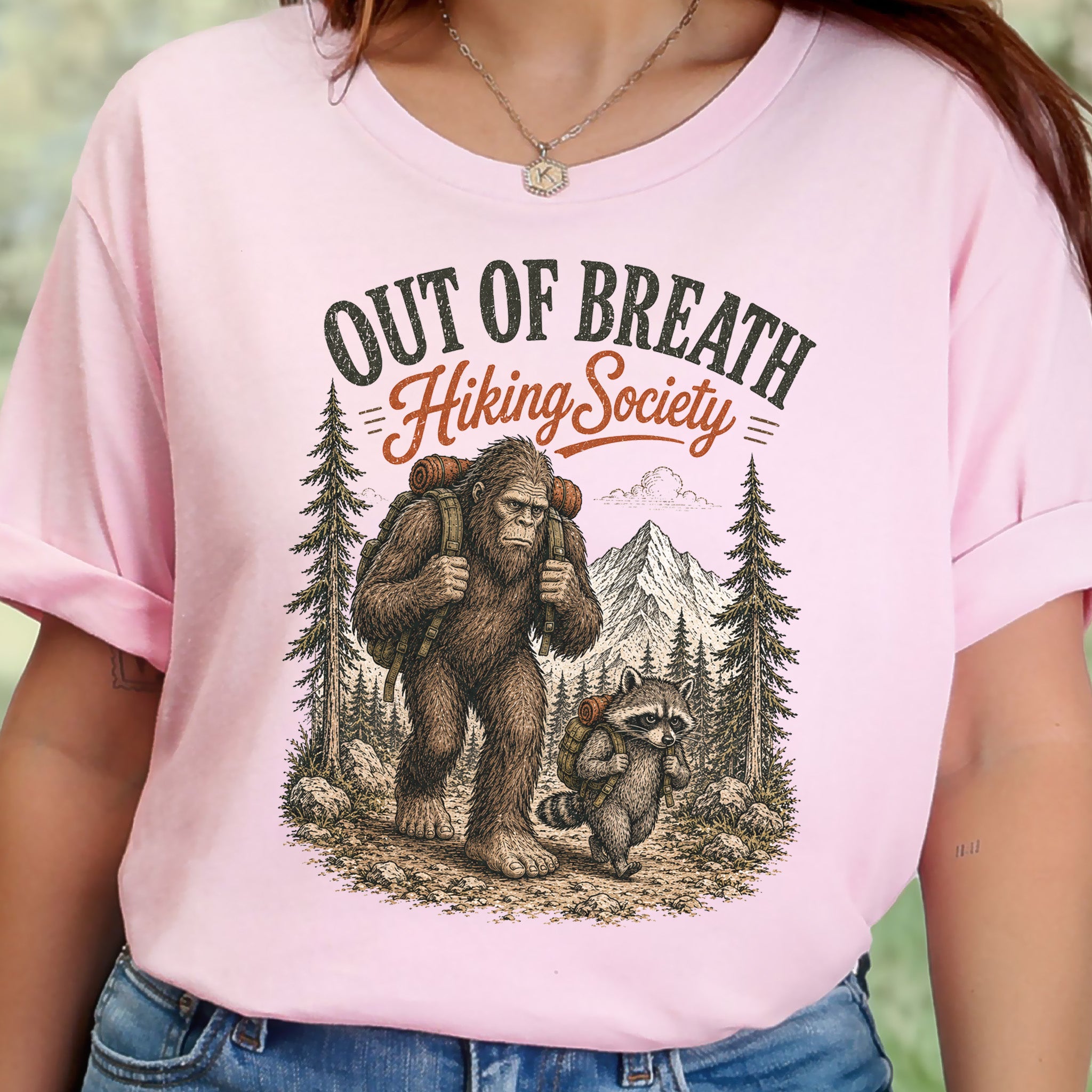 Breathless Trail Club Bigfoot Raccoon Funny Hiking Humor T-Shirt