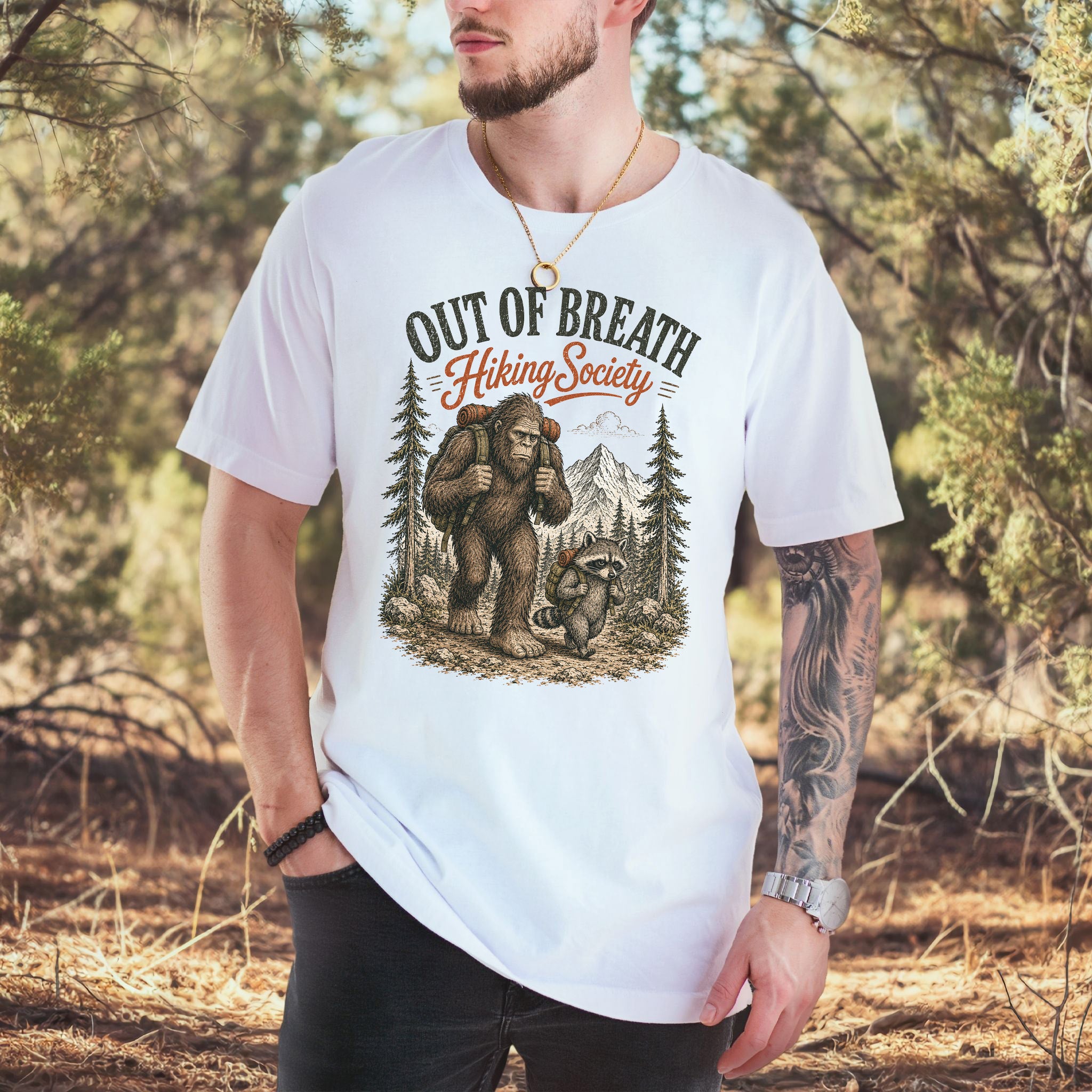 Breathless Trail Club Bigfoot Raccoon Funny Hiking Humor T-Shirt