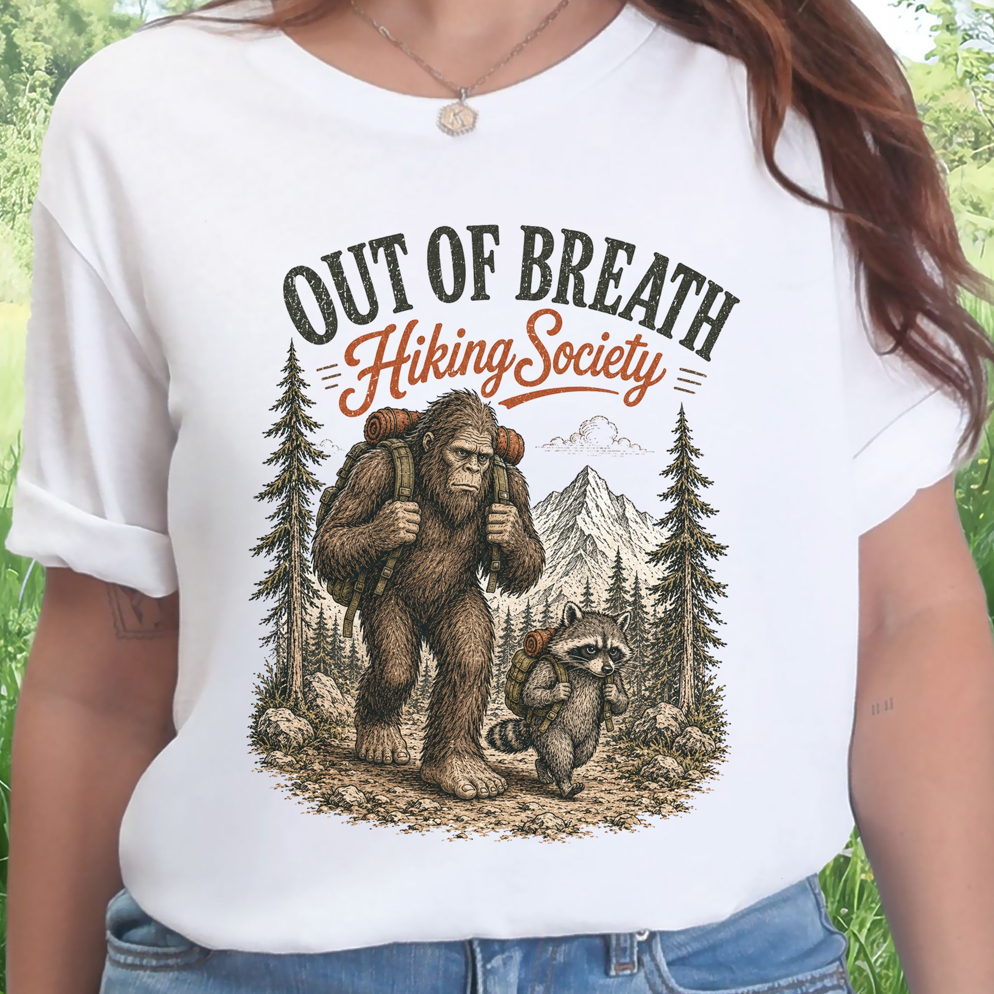 Breathless Trail Club Bigfoot Raccoon Funny Hiking Humor T-Shirt
