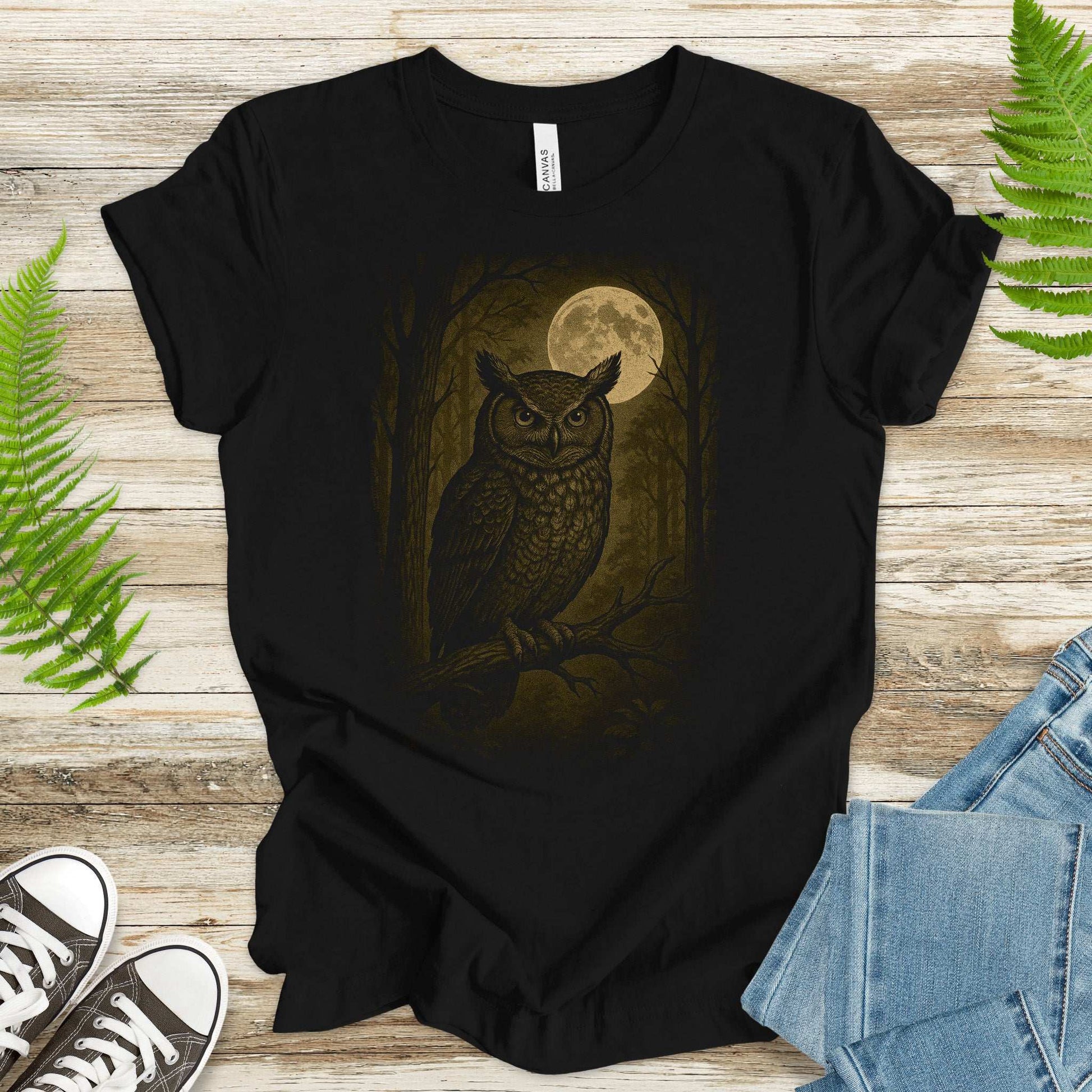 Owl Spirit Animal T-Shirt – Full Moon Forest Wisdom Vibes featuring an owl in a twilight forest with the full moon.