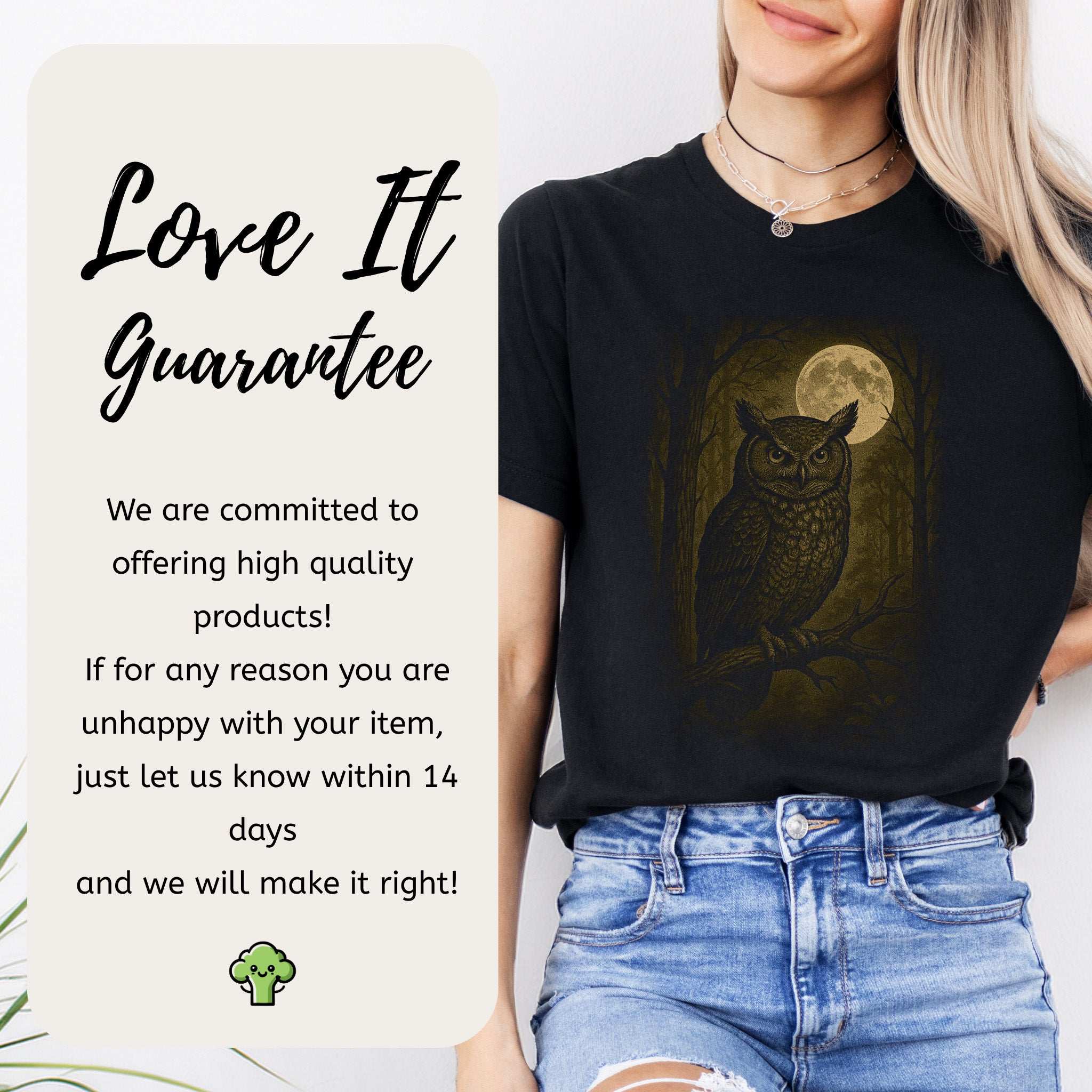 Owl Spirit Animal T-Shirt – Full Moon Forest Wisdom Vibes displayed on model, featuring owl design and moon backdrop.