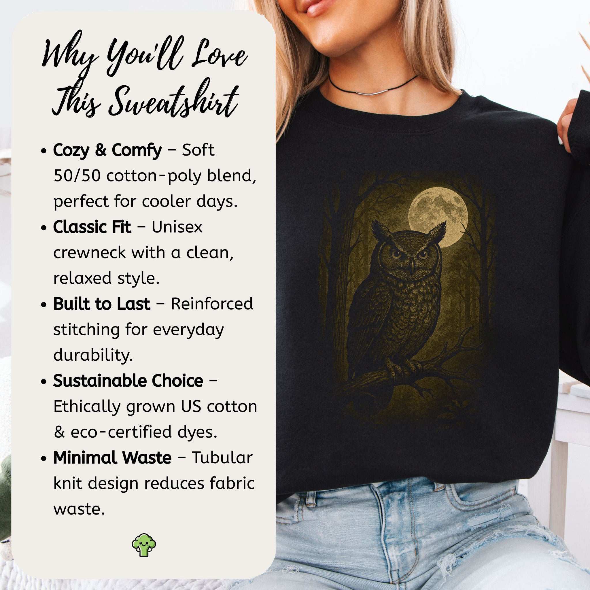 Owl Spirit Animal Sweatshirt – Full Moon Forest Wisdom Vibes featuring an owl and full moon on a black garment.