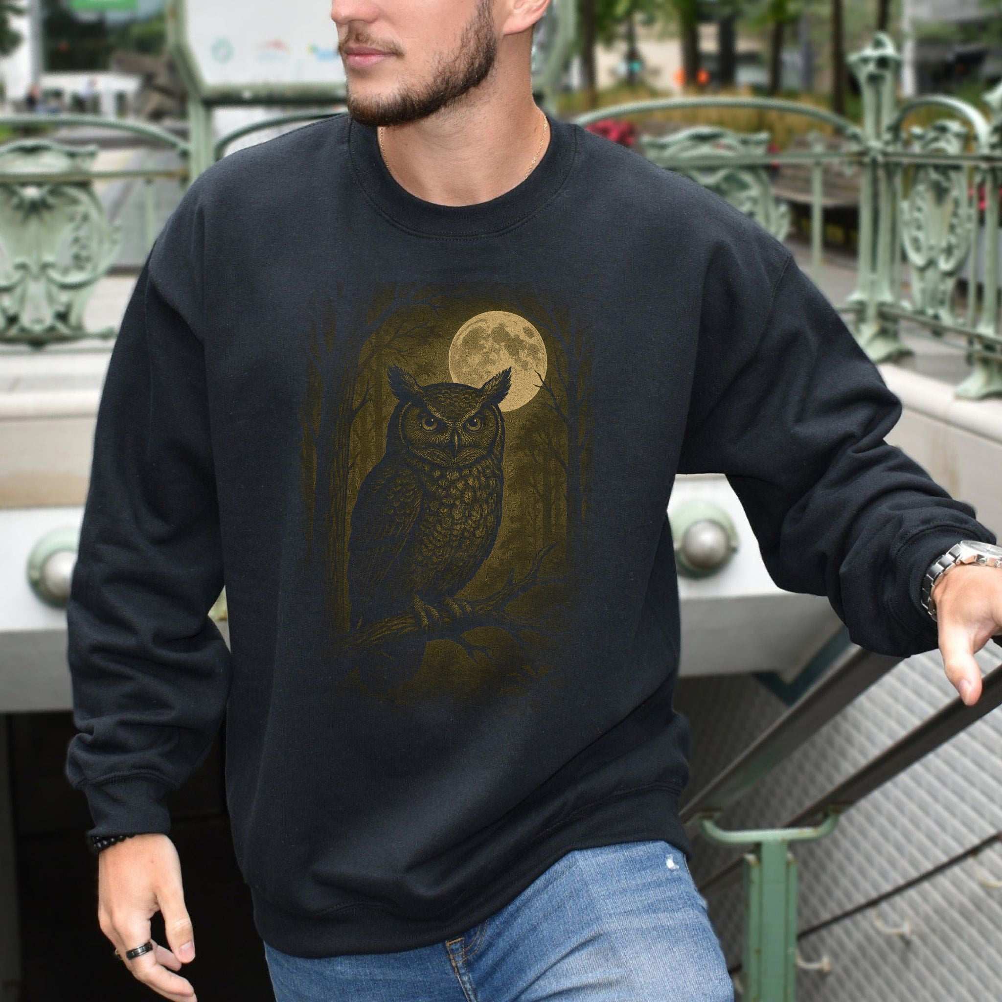 Owl Spirit Animal Sweatshirt – Full Moon Forest Wisdom Vibes featuring an owl in a twilight forest with a full moon.