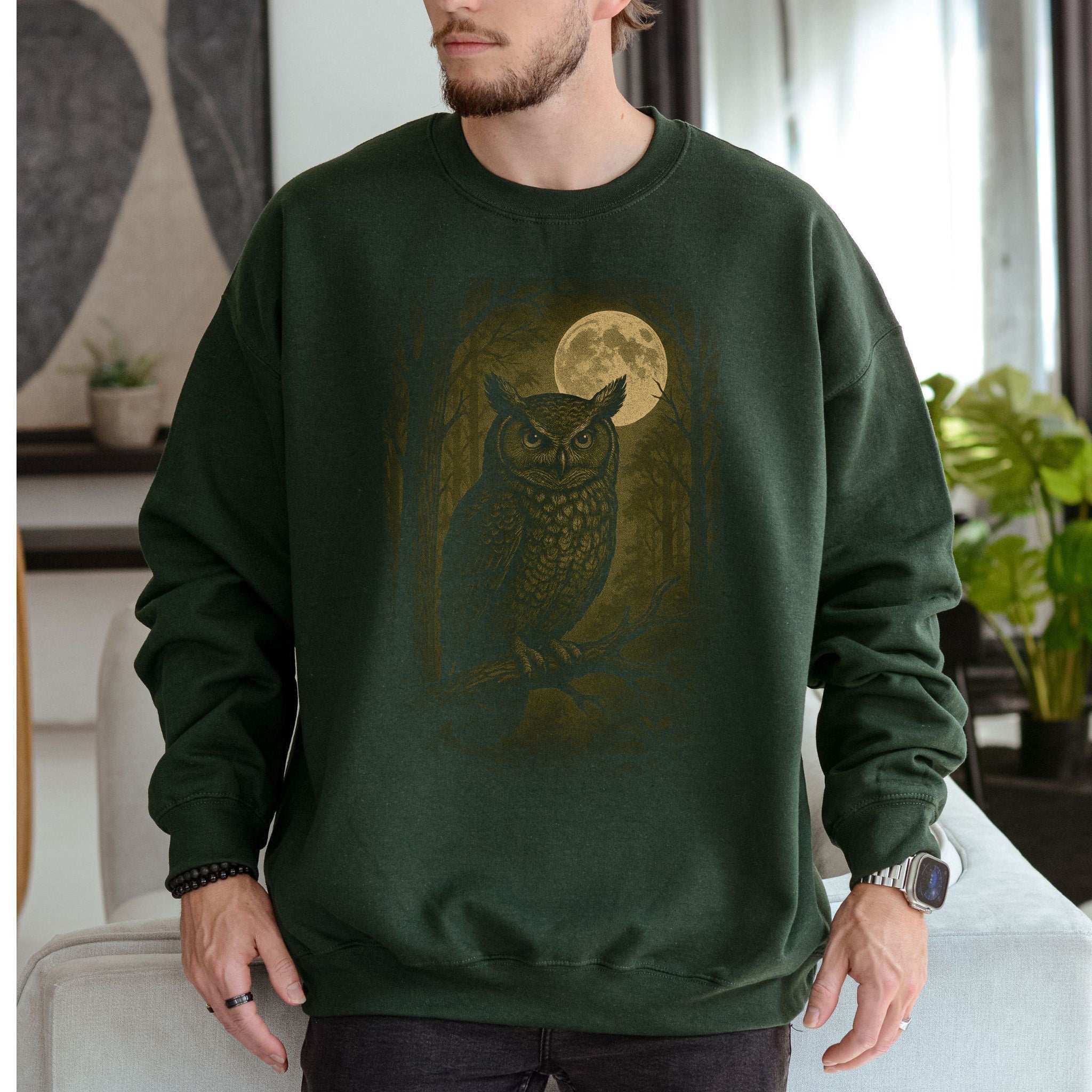 Owl Spirit Animal Sweatshirt – Full Moon Forest Wisdom Vibes featuring an owl design against a full moon backdrop.