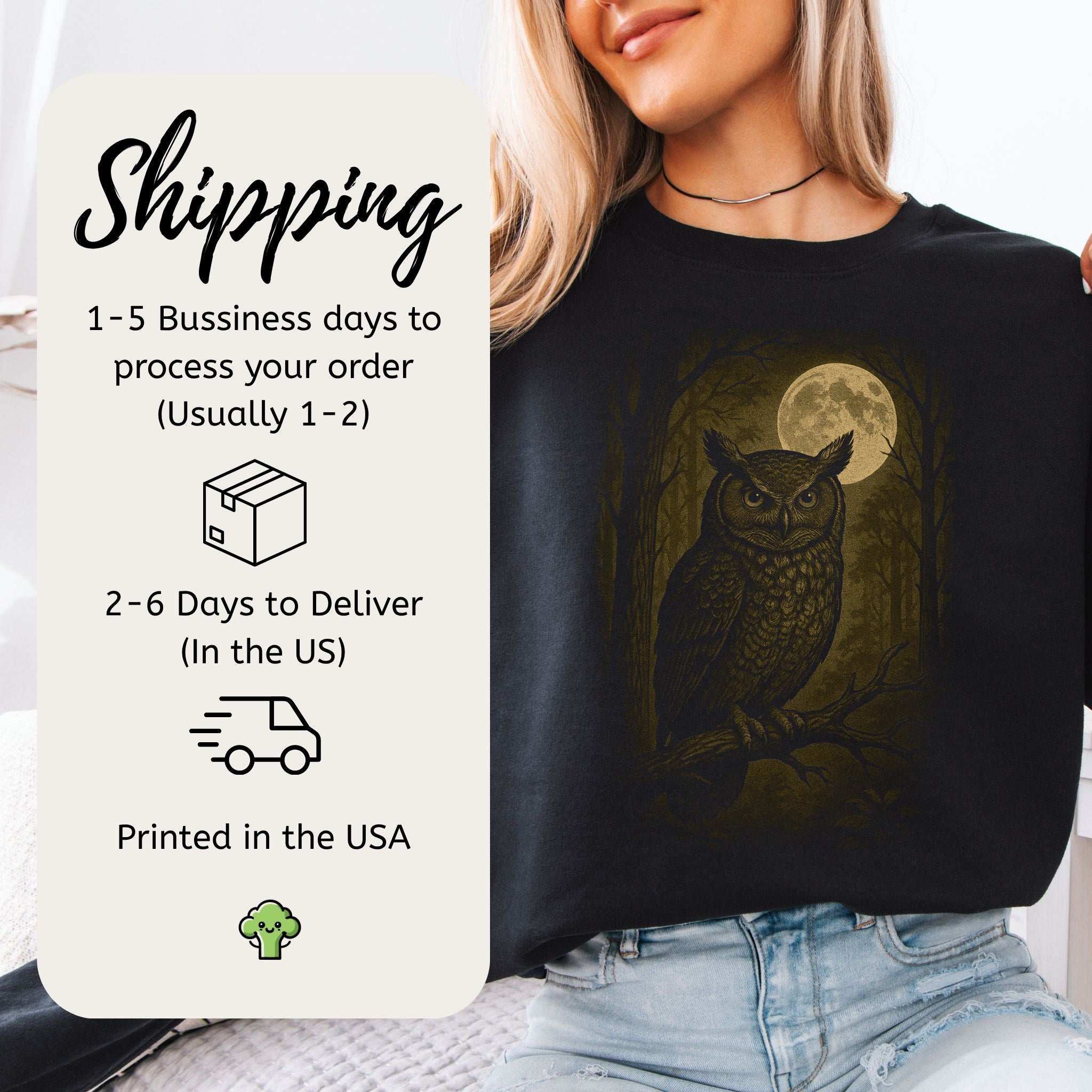 Owl Spirit Animal Sweatshirt – Full Moon Forest Wisdom Vibes with shipping details
