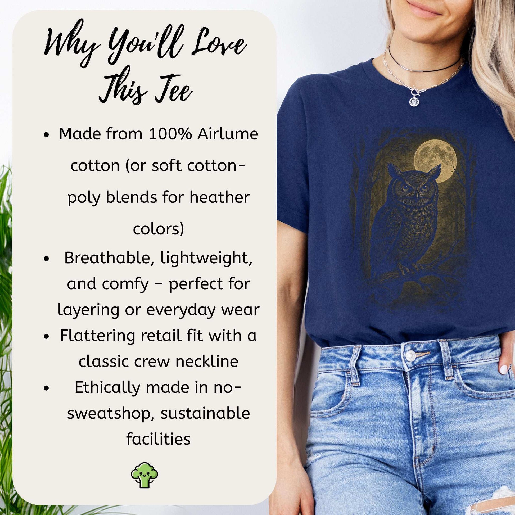 Owl Spirit Animal T-Shirt – Full Moon Forest Wisdom Vibes details: comfy, sustainable, and ethically made tee.