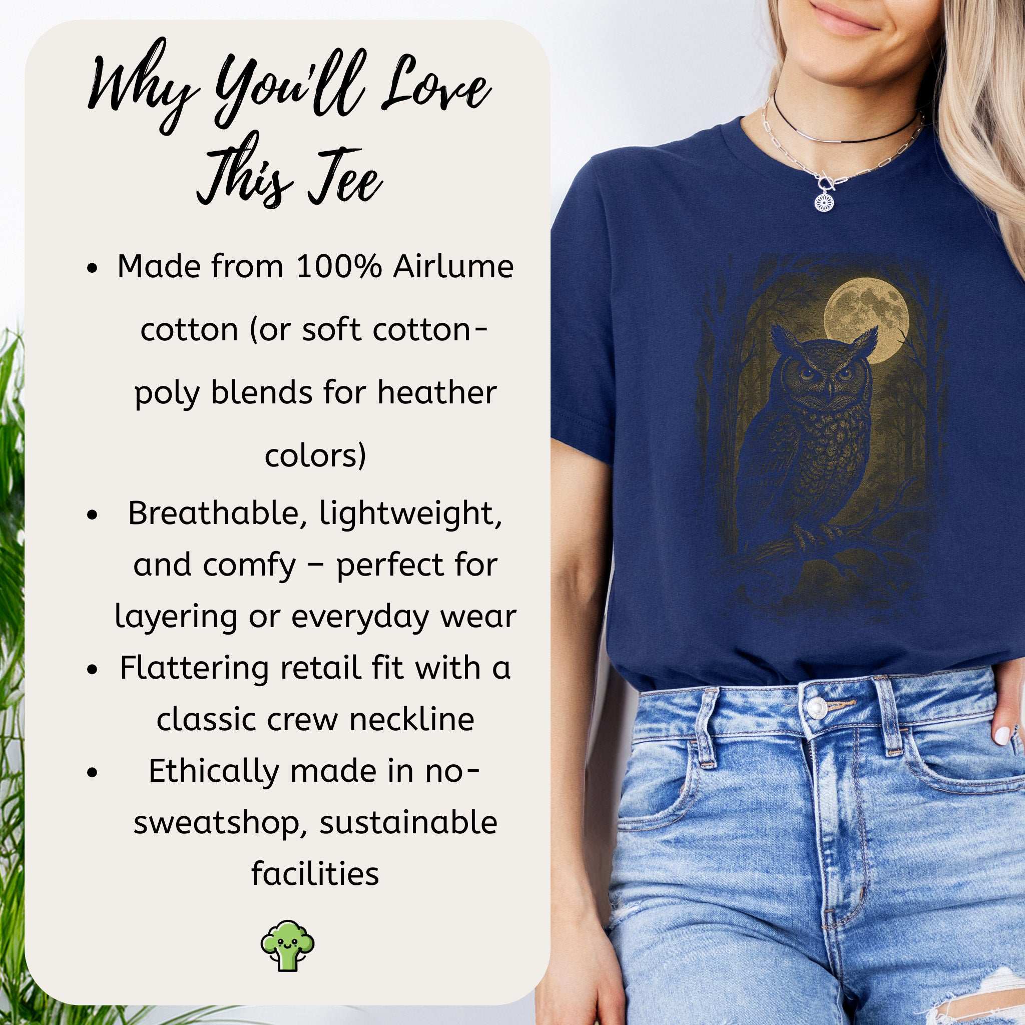 Owl Spirit Animal T-Shirt – Full Moon Forest Wisdom Vibes details: comfy, sustainable, and ethically made tee.