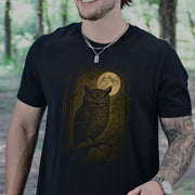 Owl Spirit Animal T-Shirt – Full Moon Forest Wisdom Vibes featuring an owl under a full moon in a forest setting.