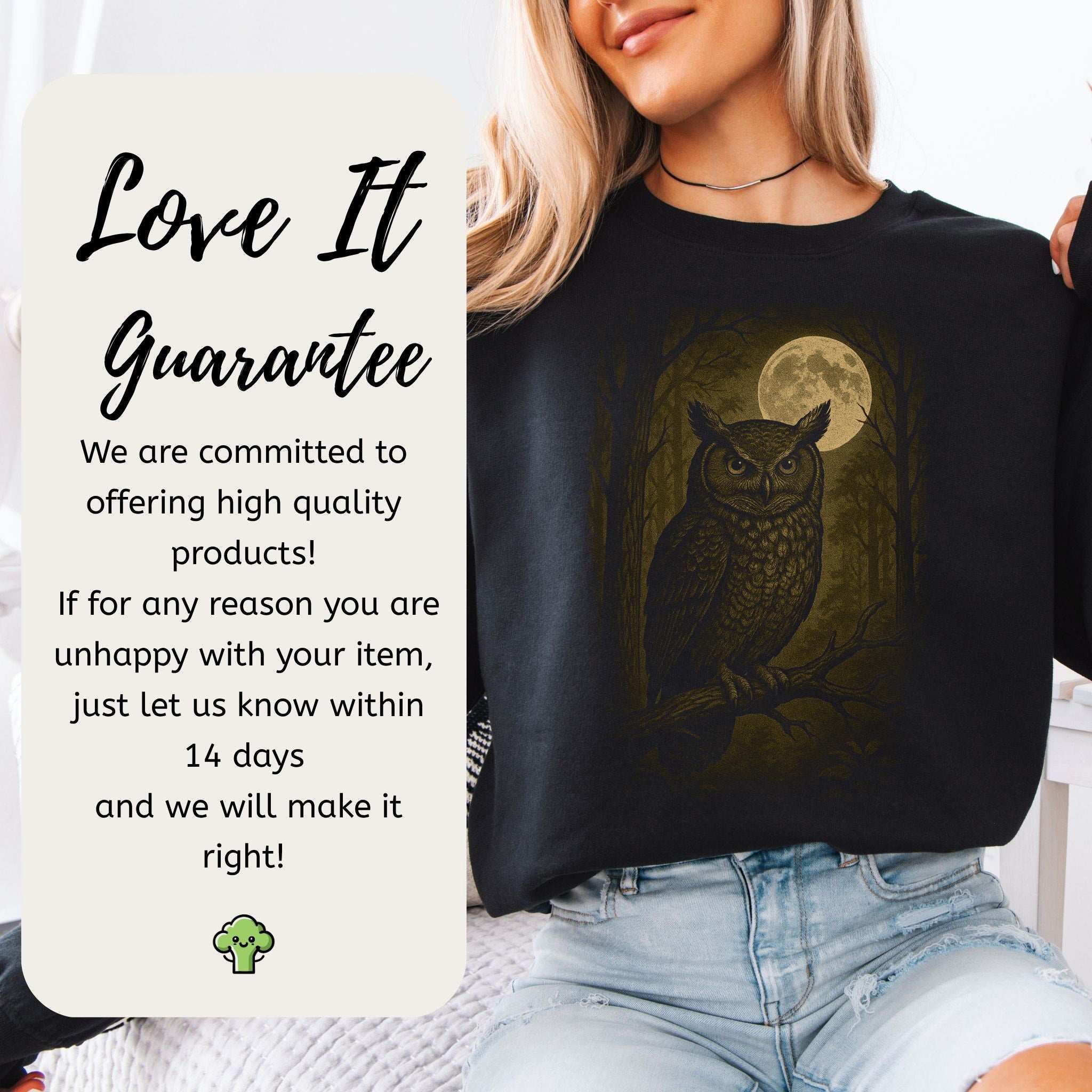 Owl Spirit Animal Sweatshirt – Full Moon Forest Wisdom Vibes worn by a model. Featuring an owl design and full moon backdrop.