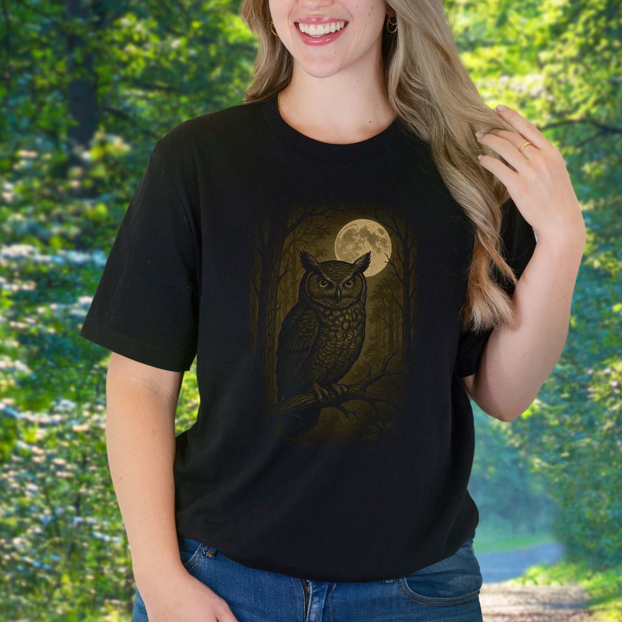 Woman wearing an Owl Spirit Animal T-Shirt – Full Moon Forest Wisdom Vibes in a forest setting.