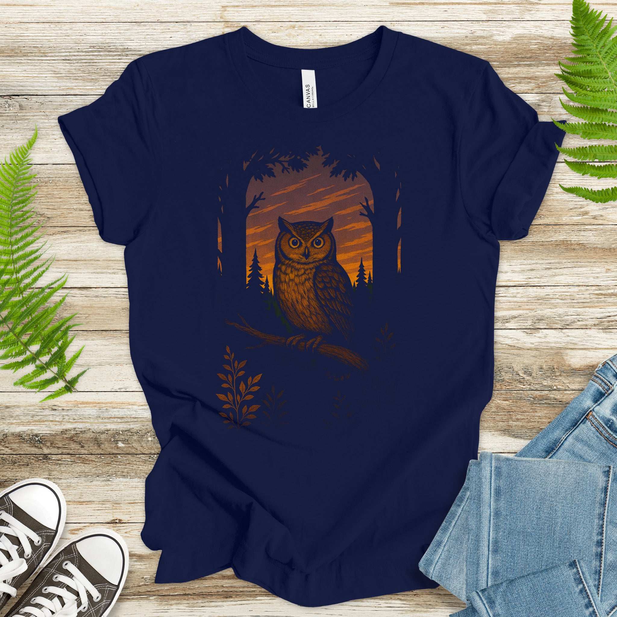 Owl Spirit Animal T-Shirt – Sunset Forest Gaze Vibes featuring an owl against a sunset forest backdrop.