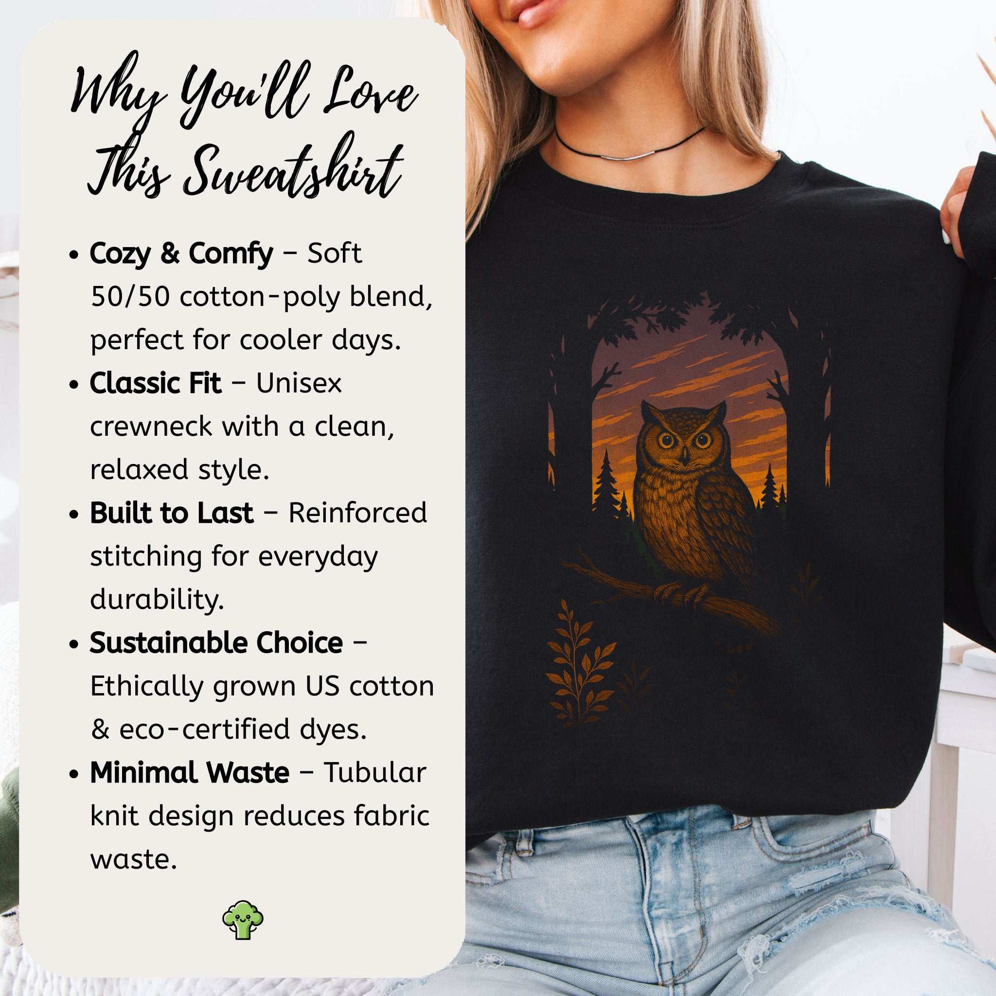 Owl Spirit Animal Sweatshirt – Sunset Forest Gaze Vibes featuring owl graphic and cozy cotton blend.
