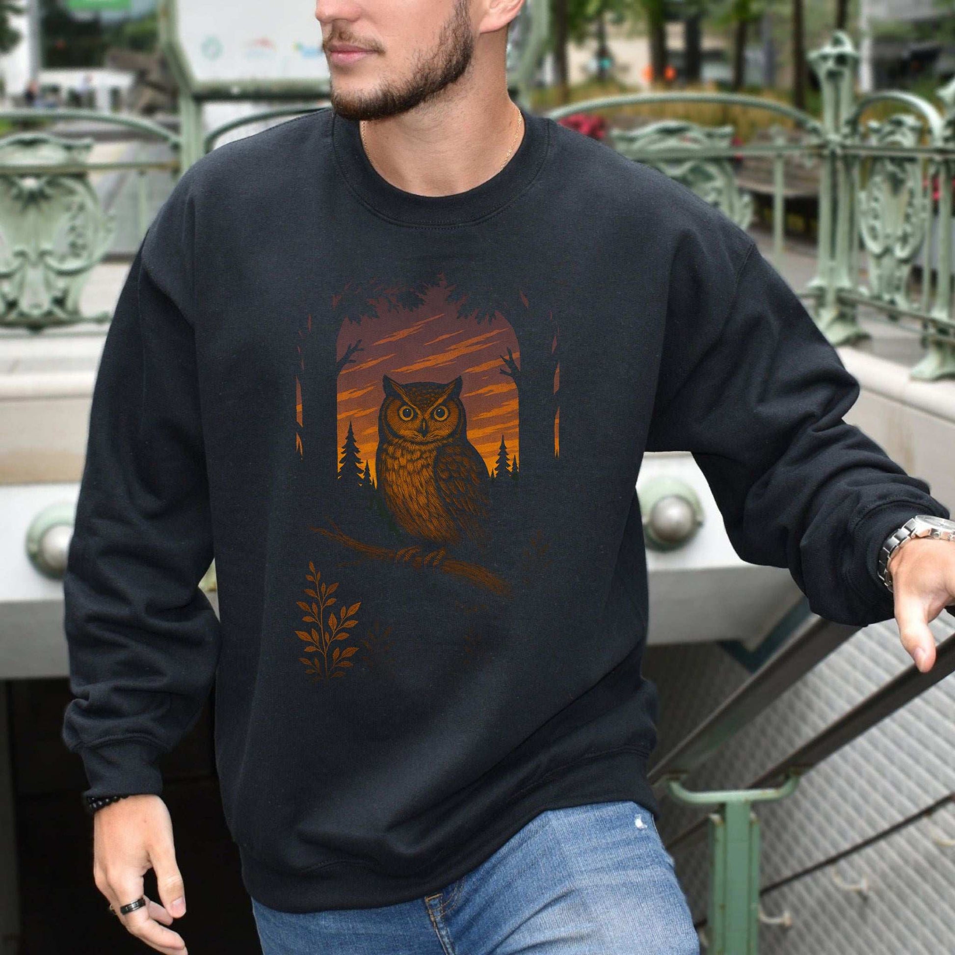 Owl Spirit Animal Sweatshirt – Sunset Forest Gaze Vibes featuring an owl and forest sunset design.