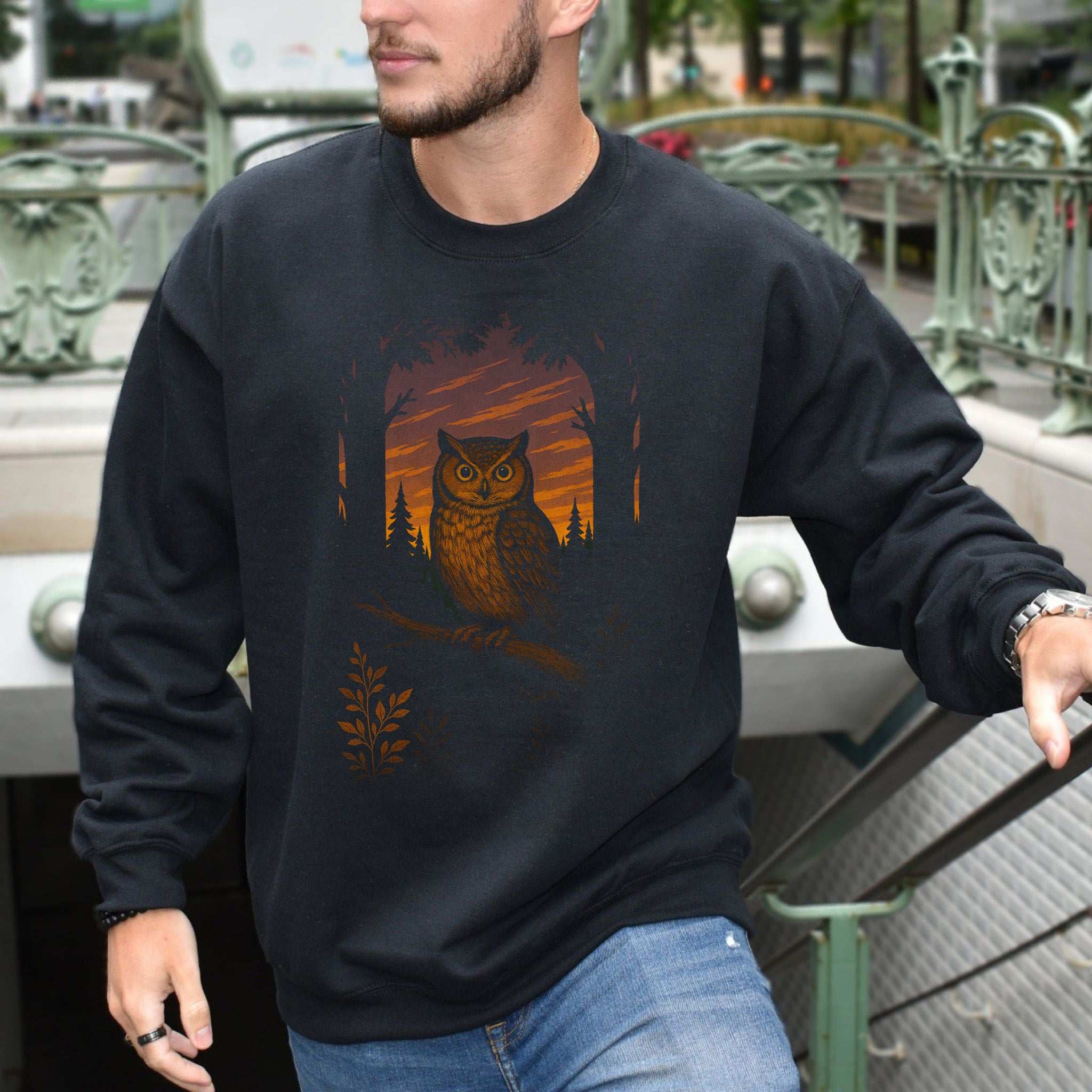 Owl Spirit Animal Sweatshirt – Sunset Forest Gaze Vibes featuring an owl and forest sunset design.