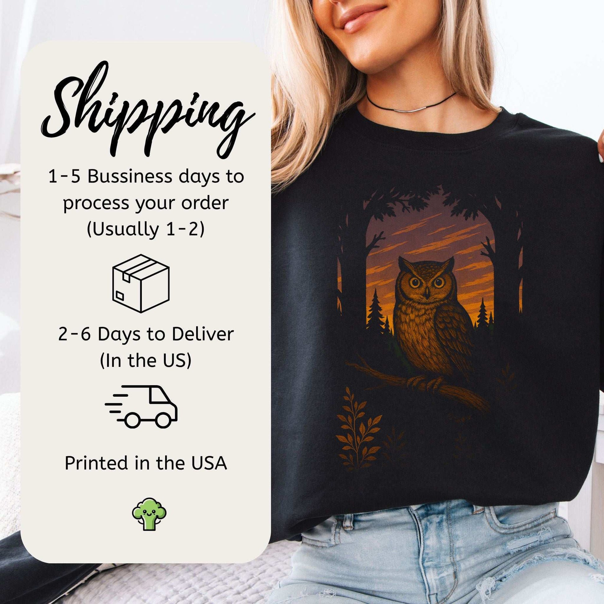 Owl Spirit Animal Sweatshirt – Sunset Forest Gaze Vibes shipping details and model wearing the sweatshirt.