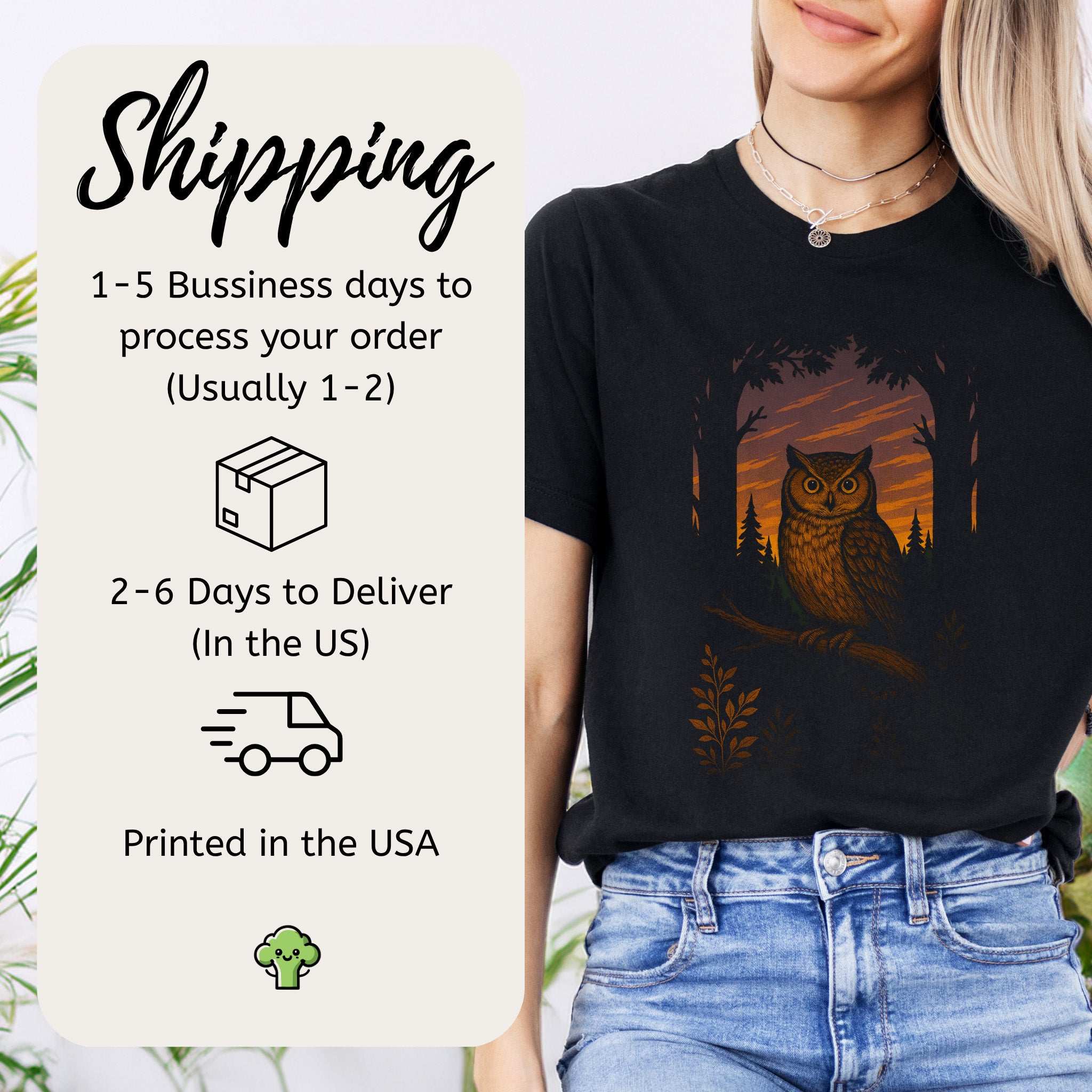 Owl Spirit Animal T-Shirt – Sunset Forest Gaze Vibes displayed with shipping details on a model.