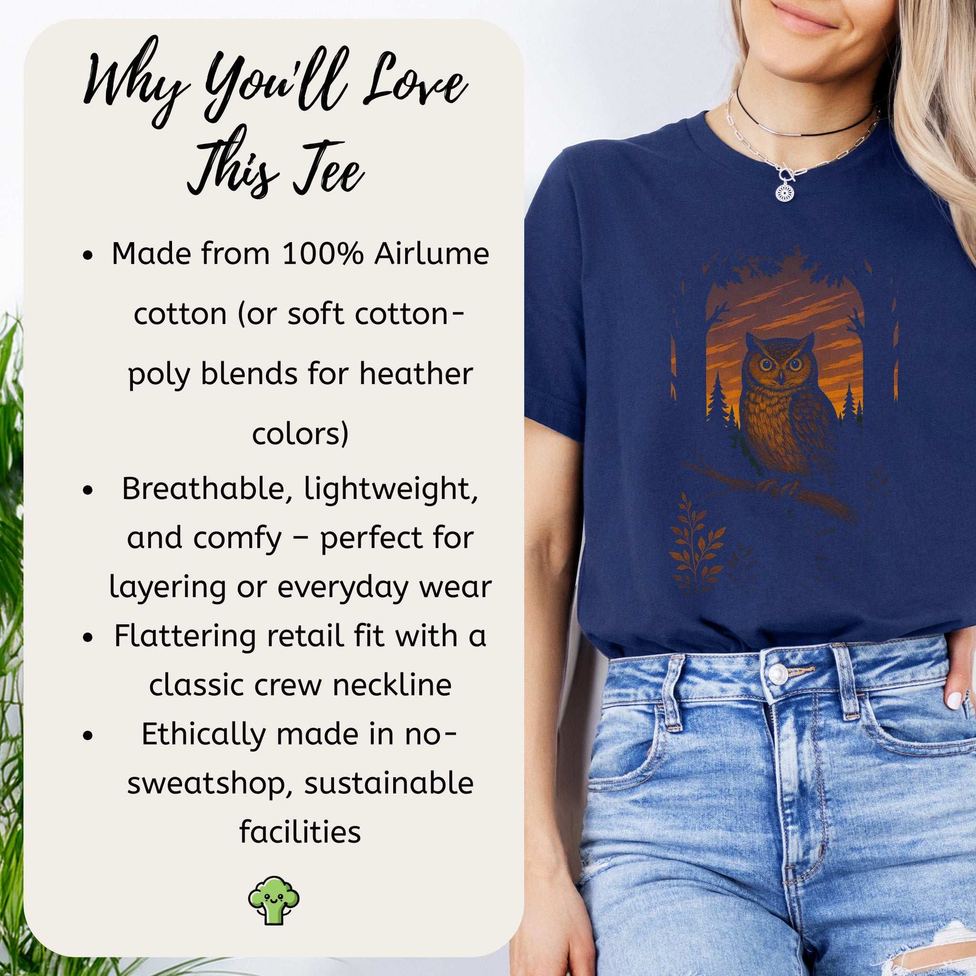 Owl Spirit Animal T-Shirt – Sunset Forest Gaze Vibes featuring owl design, breathable fabric, and eco-friendly attributes.