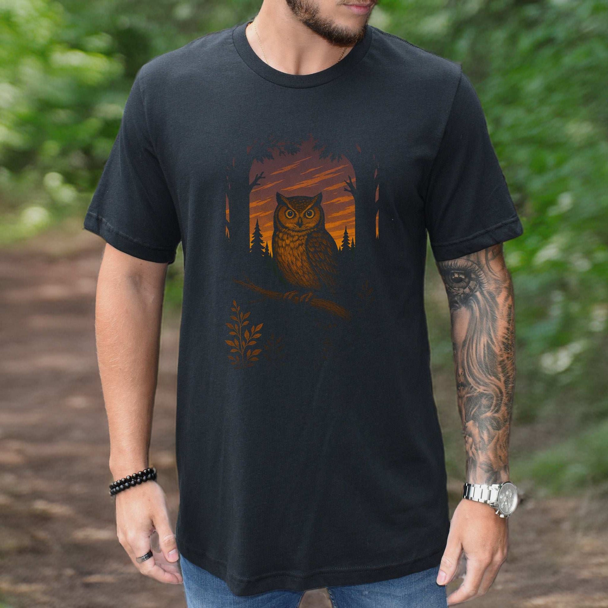Owl Spirit Animal T-Shirt – Sunset Forest Gaze Vibes featuring an owl design against a glowing sunset backdrop.
