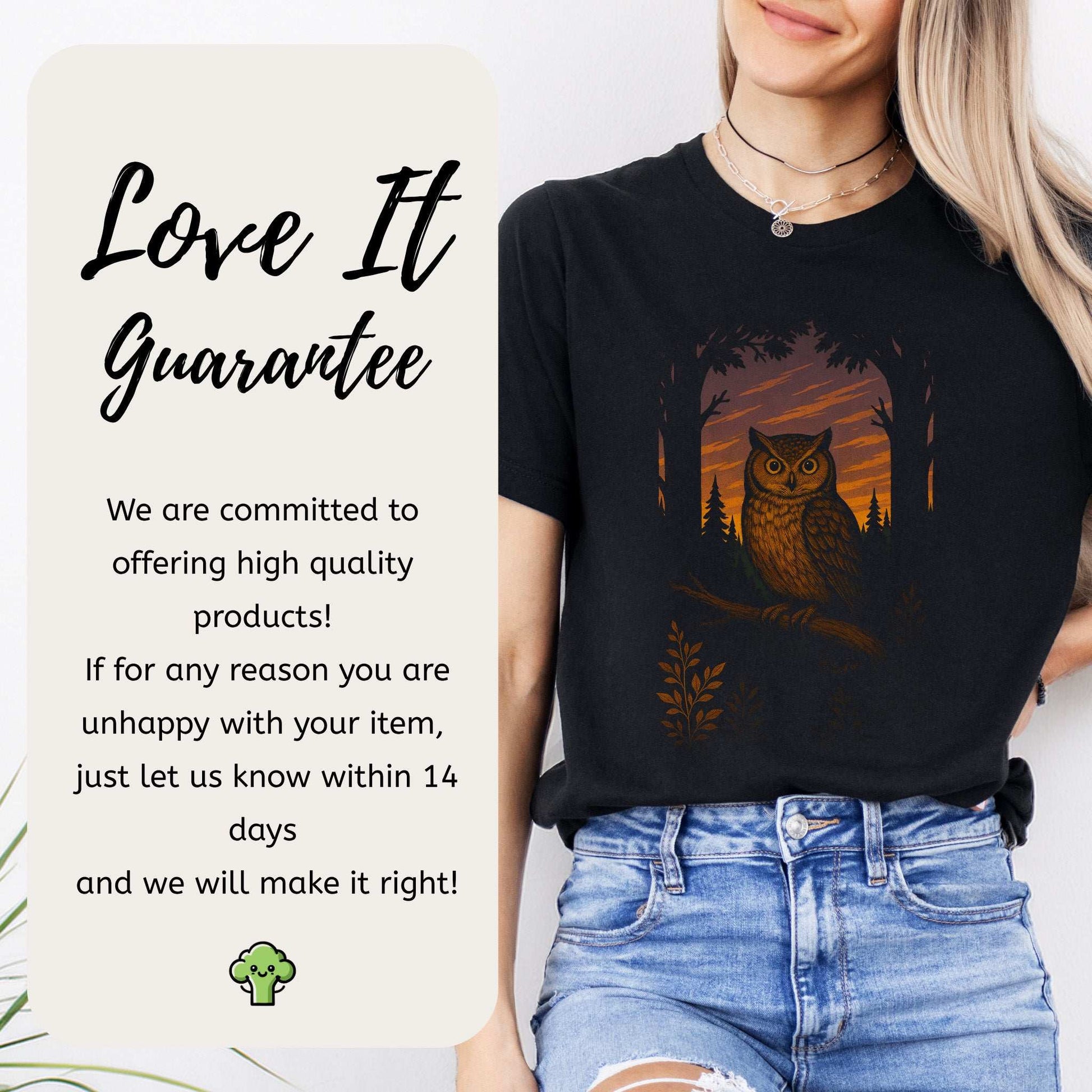 Owl Spirit Animal T-Shirt – Sunset Forest Gaze Vibes displayed with guarantee message about quality.