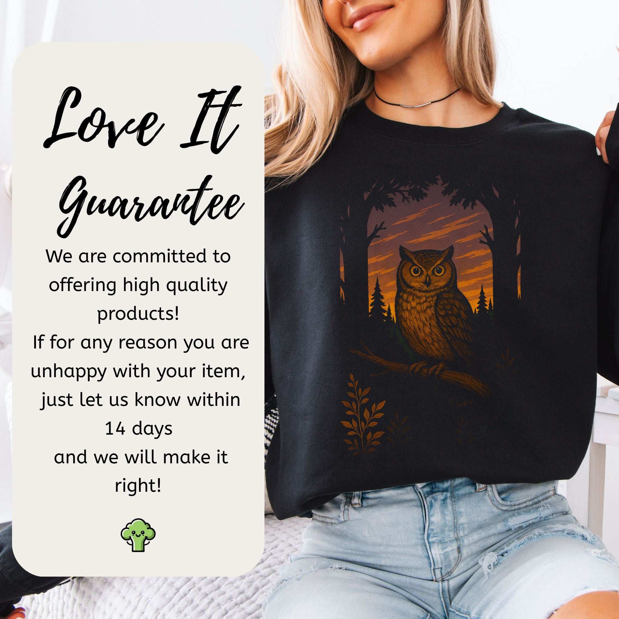 Owl Spirit Animal Sweatshirt – Sunset Forest Gaze Vibes featuring owl design against sunset forest background.