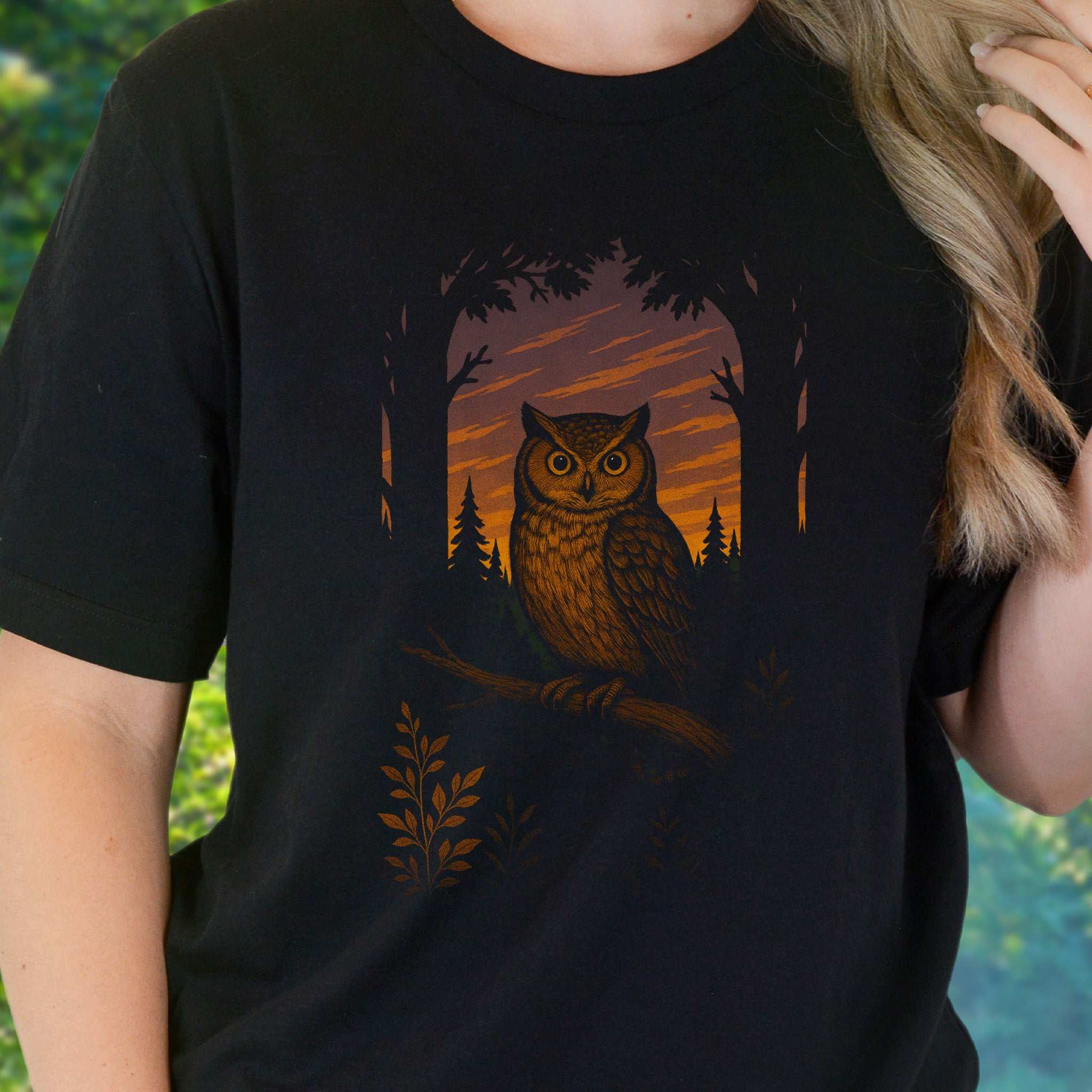 Owl Spirit Animal T-Shirt – Sunset Forest Gaze Vibes featuring a picturesque owl in a forest at sunset.