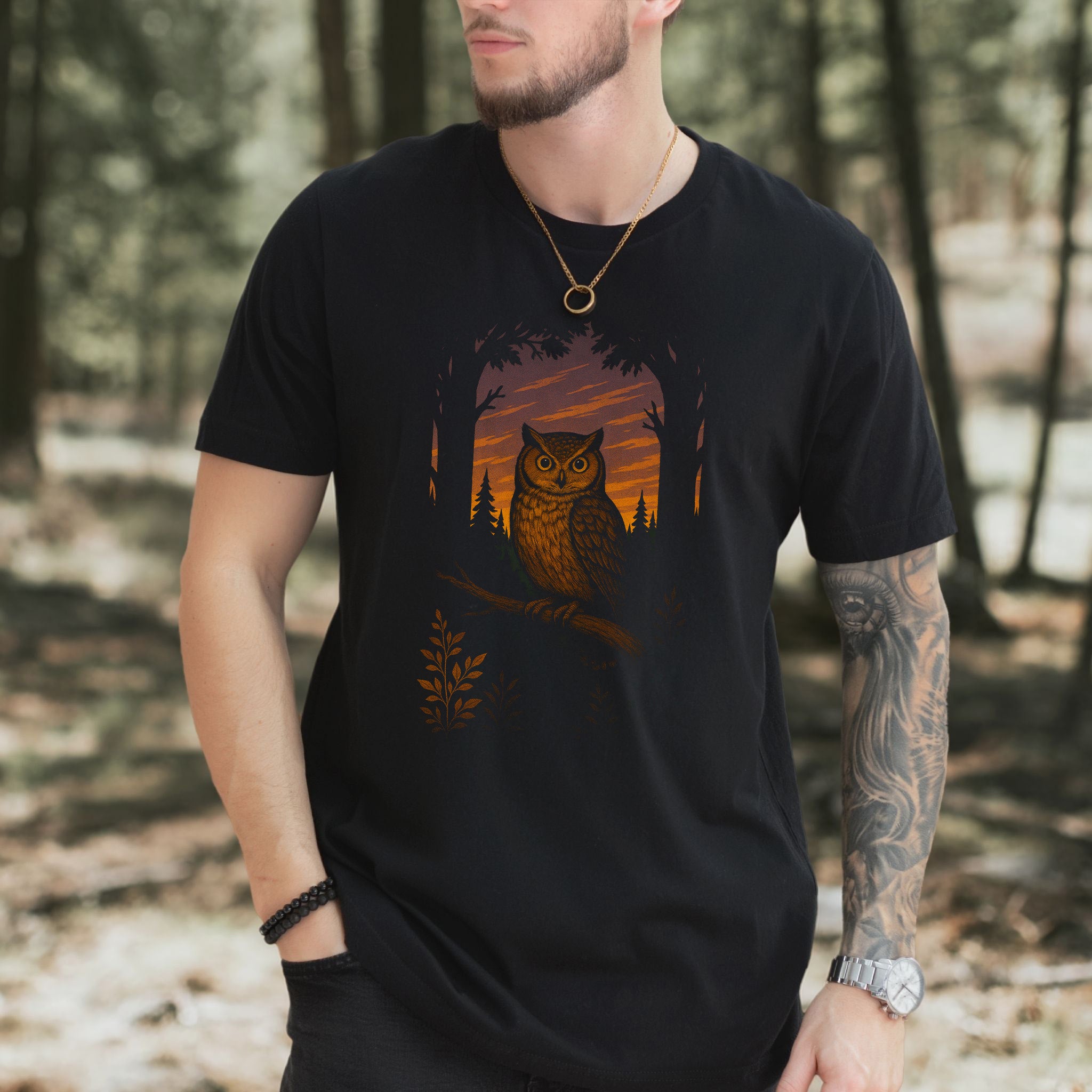 Owl Spirit Animal T-Shirt – Sunset Forest Gaze Vibes