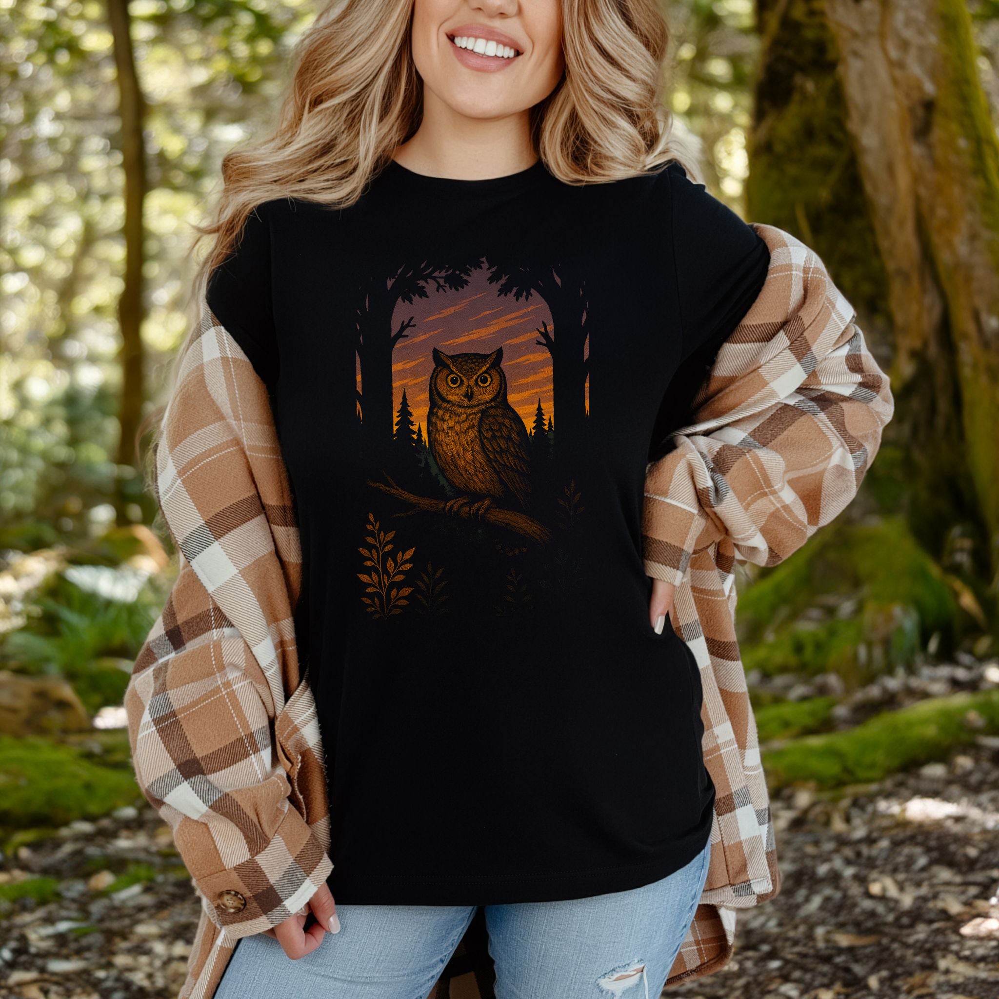 Owl Spirit Animal T-Shirt – Sunset Forest Gaze Vibes