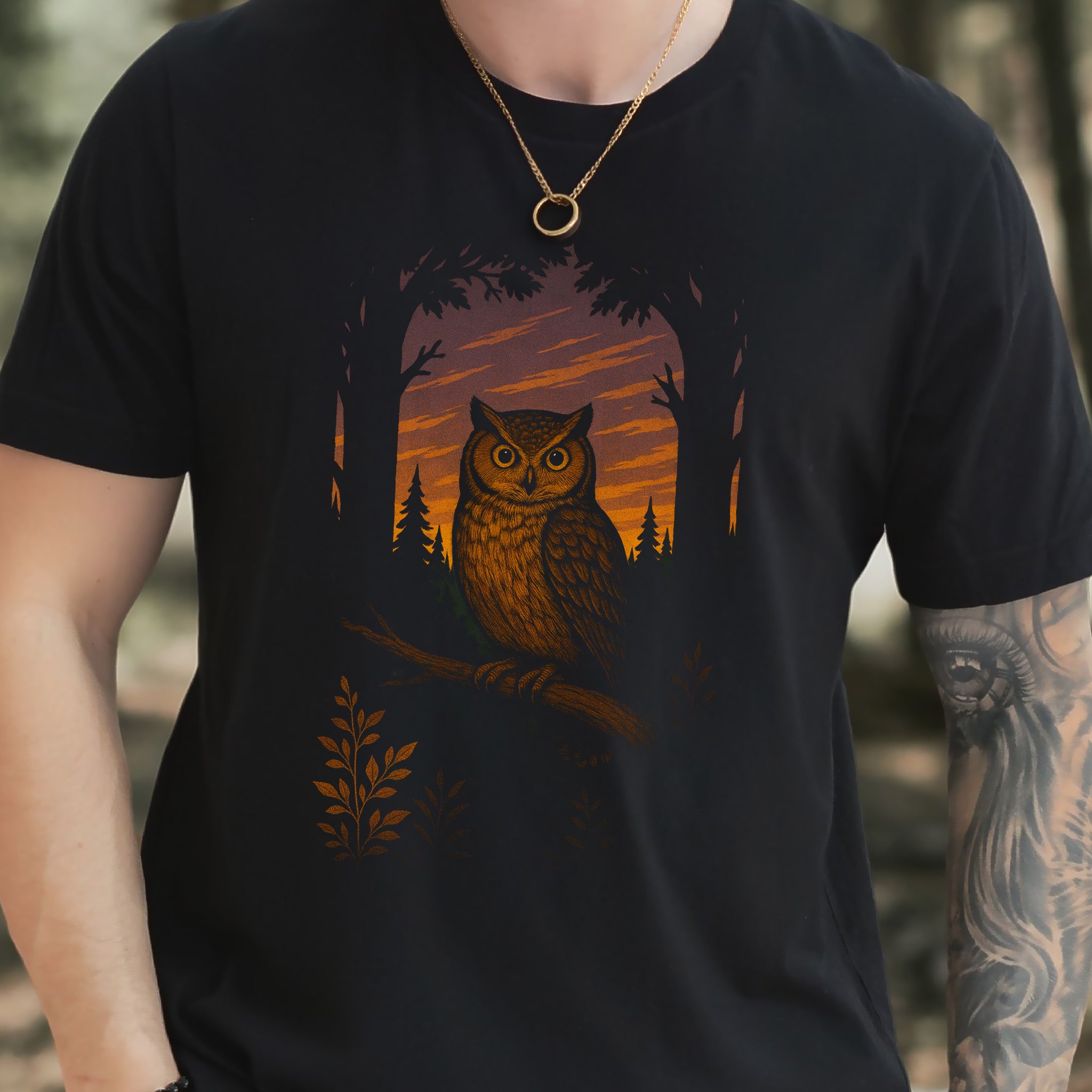 Owl Spirit Animal T-Shirt – Sunset Forest Gaze Vibes